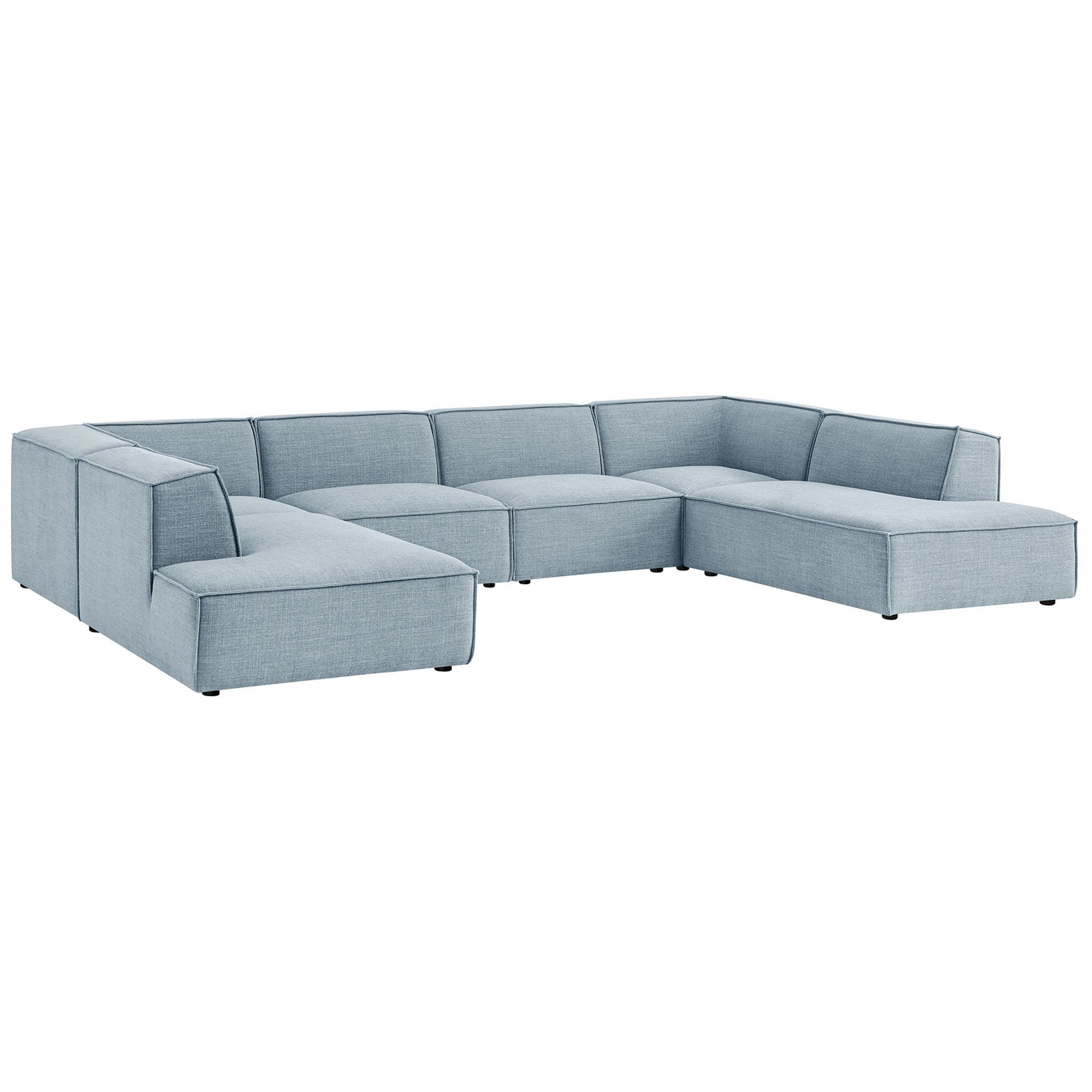 Spacious sky blue modular U-shaped sectional sofa with low-profile cushions and tailored French piping || EEI-7415-SKY || front_angle_studio