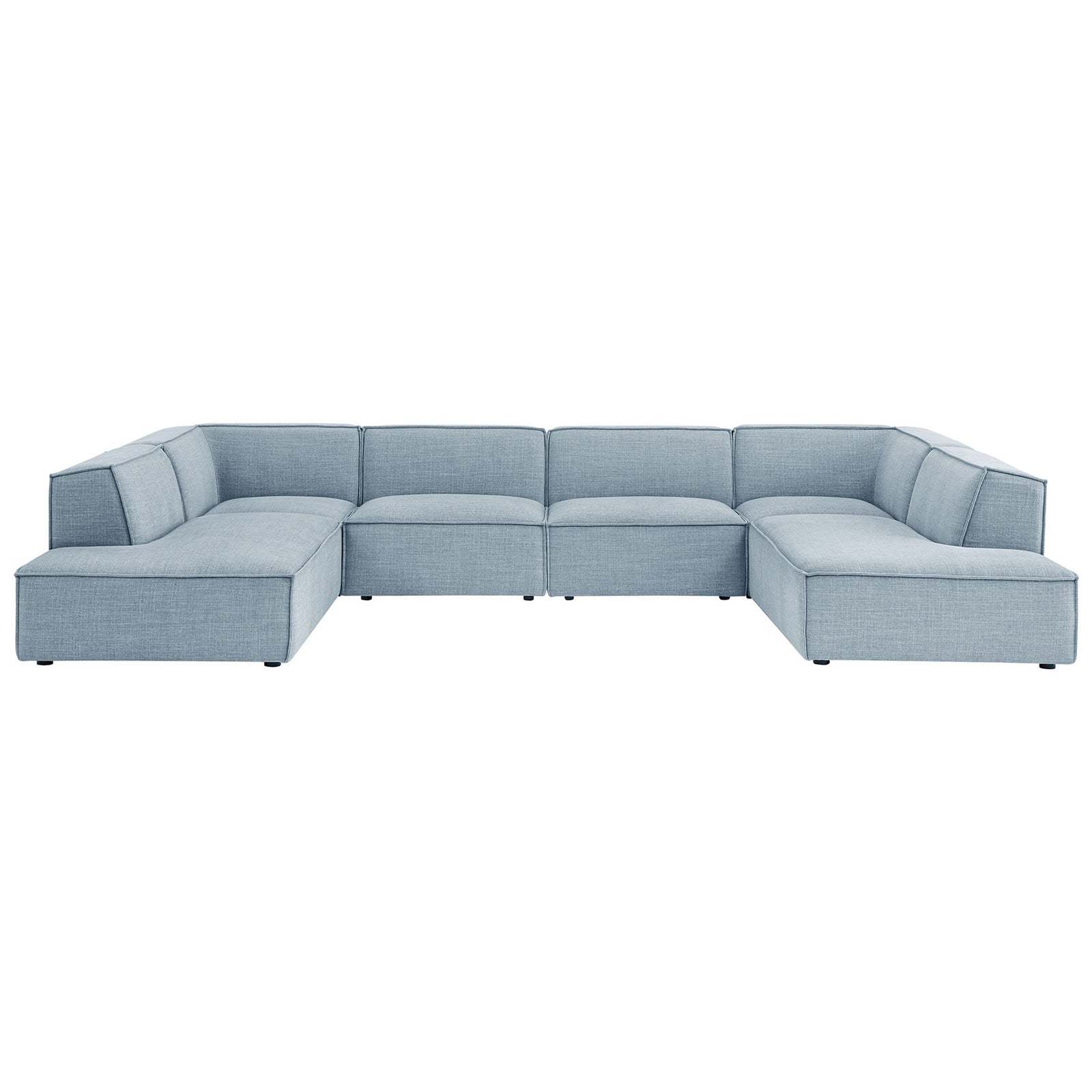 Sky blue U-shaped sectional sofa offering deep cushioned seating and clean, modern lines for relaxed lounging || EEI-7415-SKY || front_studio