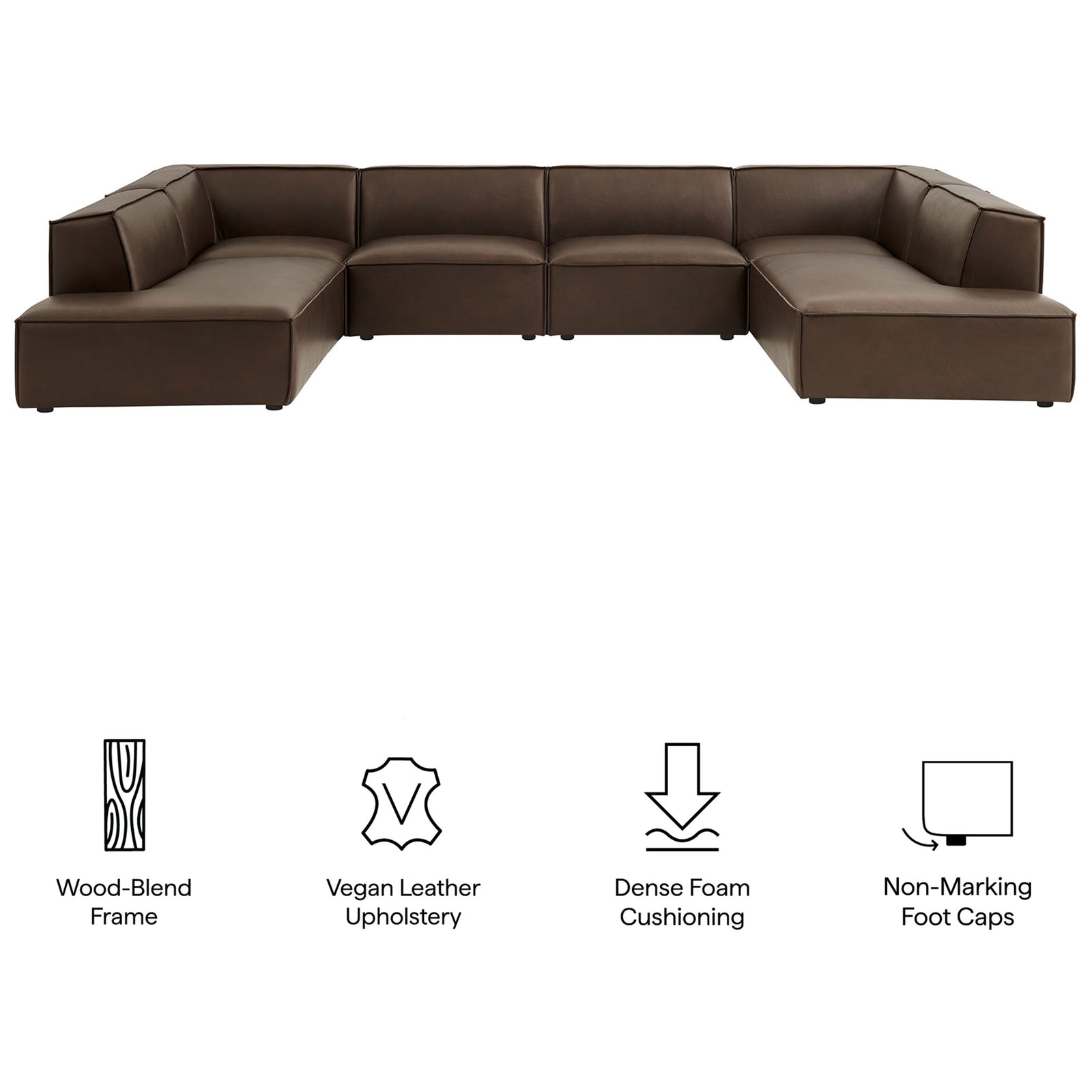 Restore espresso vegan leather sectional highlighting wood-blend frame, dense foam cushions, and floor-safe feet || EEI-7416-ESP || callout_studio