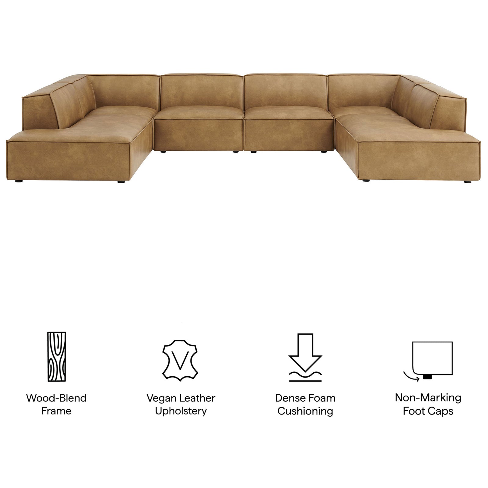 Toast vegan leather modular sectional with icons highlighting frame, cushioning, and foot caps || EEI-7416-TST || callout_studio