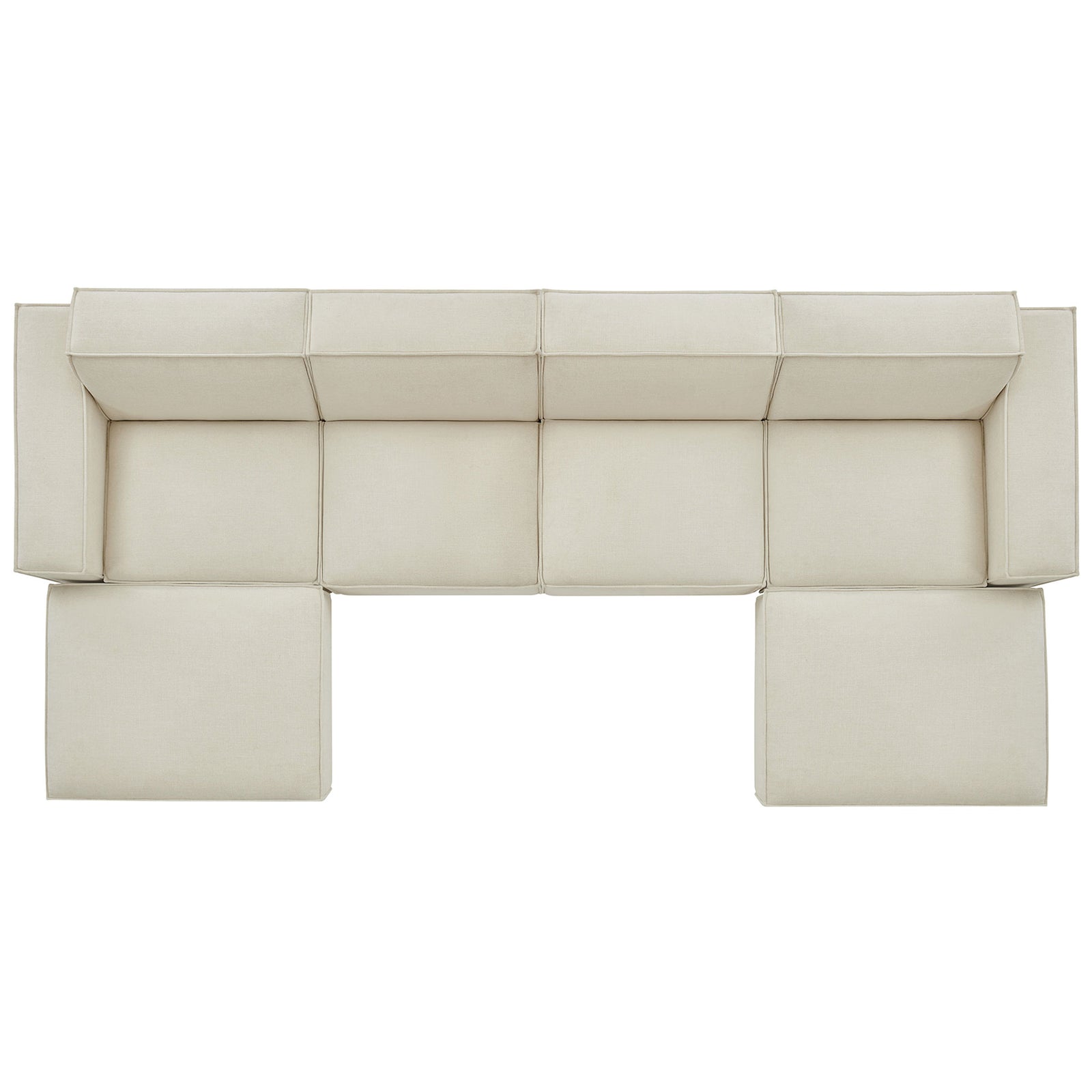 Top-down view of the ecru modular sectional showcasing generous cushions and spacious lounging surface || EEI-7417-ECR || top_studio