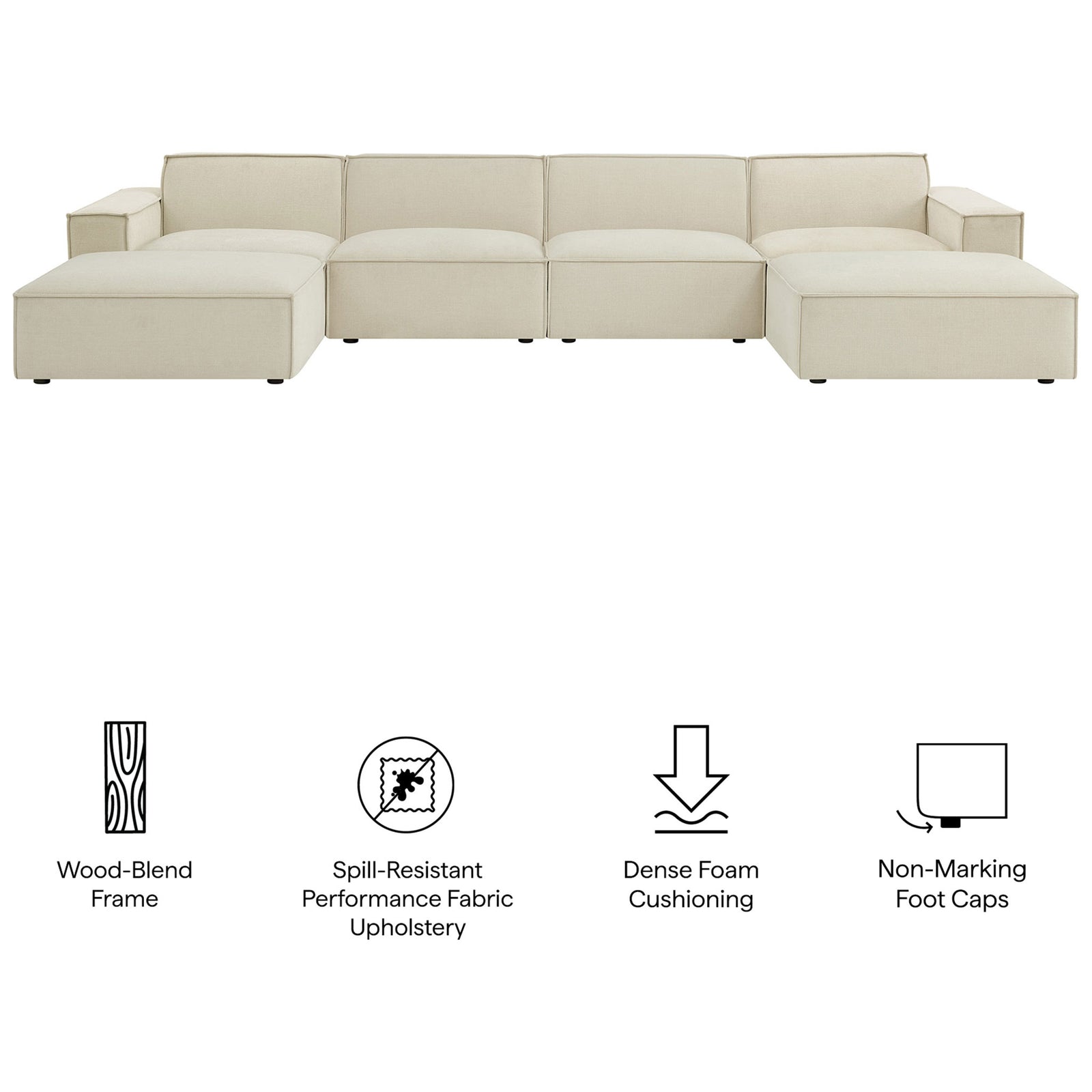 Ecru modular sectional with performance fabric, dense foam cushions, wood-blend frame, and non-marking foot caps || EEI-7417-ECR || callout_studio