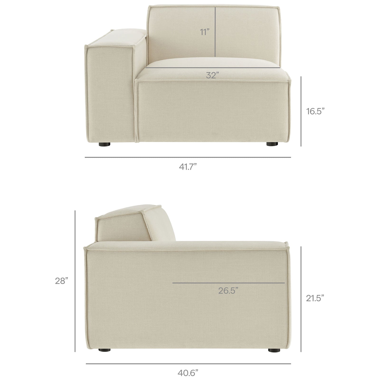Dimension diagram of the left-arm modular lounge chair showing overall width, depth, and height || EEI-7417-ECR || dimension_studio