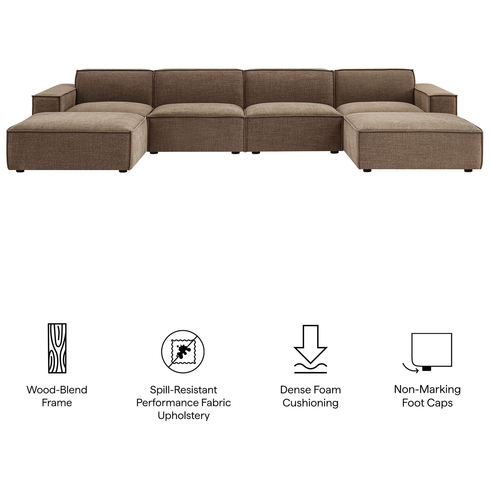 Mocha modular sectional highlighting wood blend frame, spill resistant fabric, plush cushions, and soft foot caps || EEI-7417-MOC || callout_studio