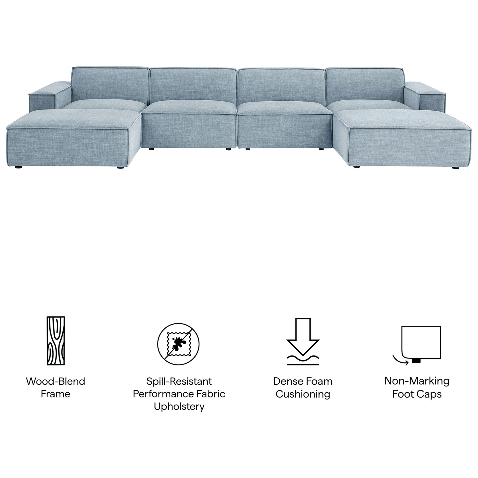 Feature callouts highlight wood-blend frame, spill-resistant fabric, dense foam, and floor-friendly feet || EEI-7417-SKY || callout_studio