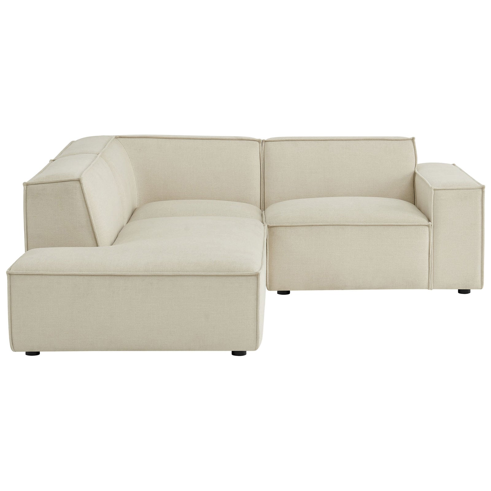 Modular L-shaped sectional sofa in ecru fabric with plush cushions and streamlined silhouette || EEI-7419-ECR || front_studio