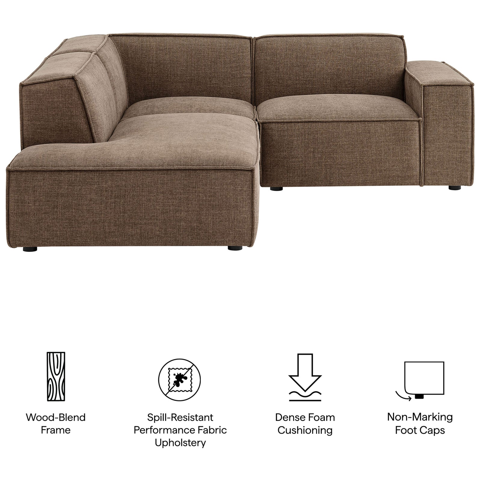 Feature icons call out the sectional's wood-blend frame, spill-resistant fabric, dense foam, and non-marking feet || EEI-7419-MOC || callout_studio