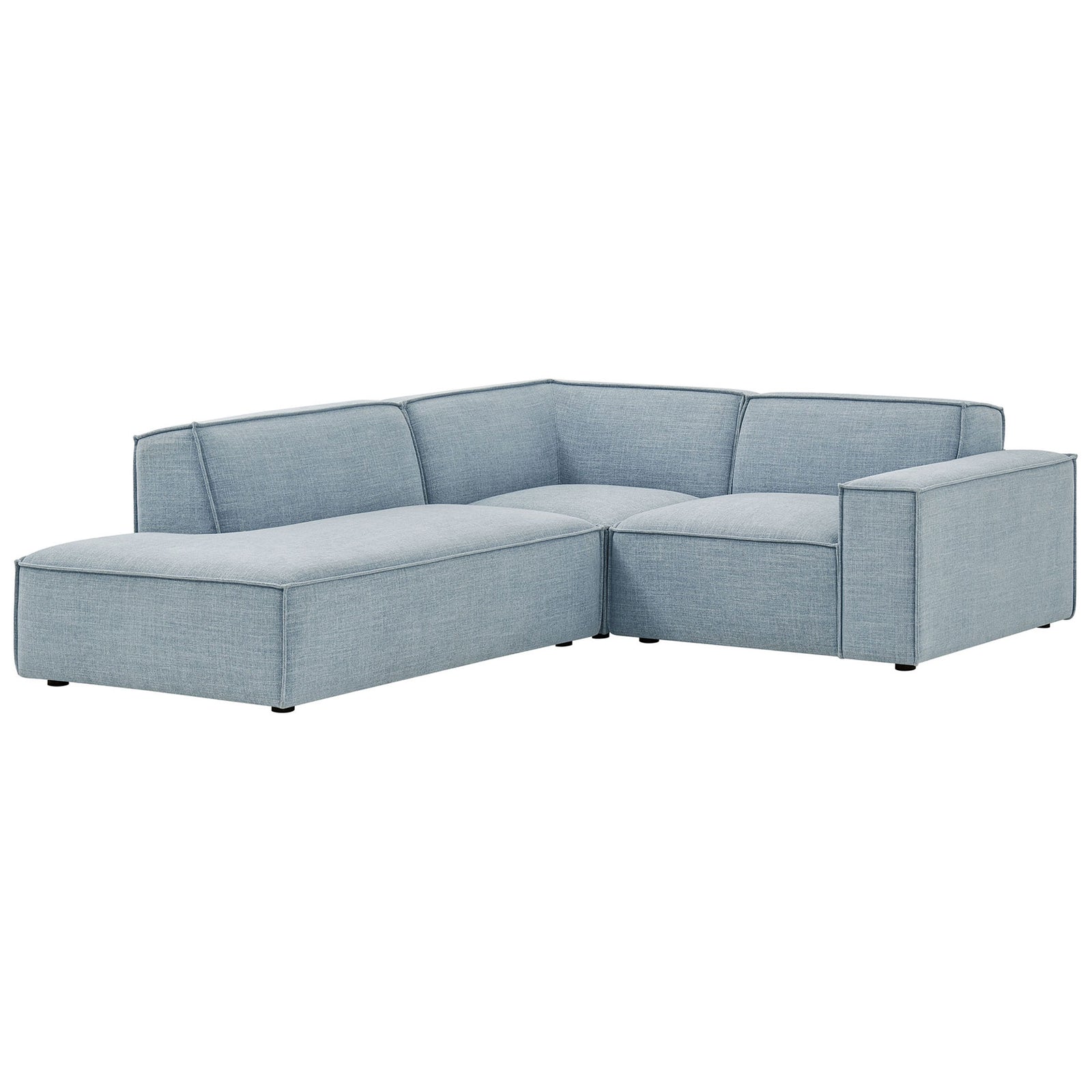 Sky blue L-shaped sectional sofa with clean lines and deep cushioned seats for relaxed lounging || EEI-7419-SKY || front_angle_studio