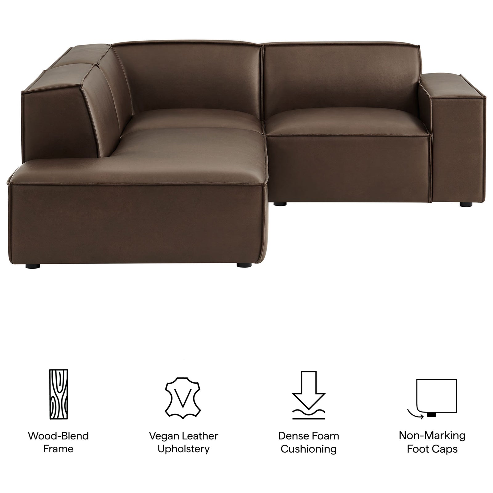 Feature graphic for espresso vegan leather sectional highlighting frame, foam, and foot caps || EEI-7420-ESP || callout_studio