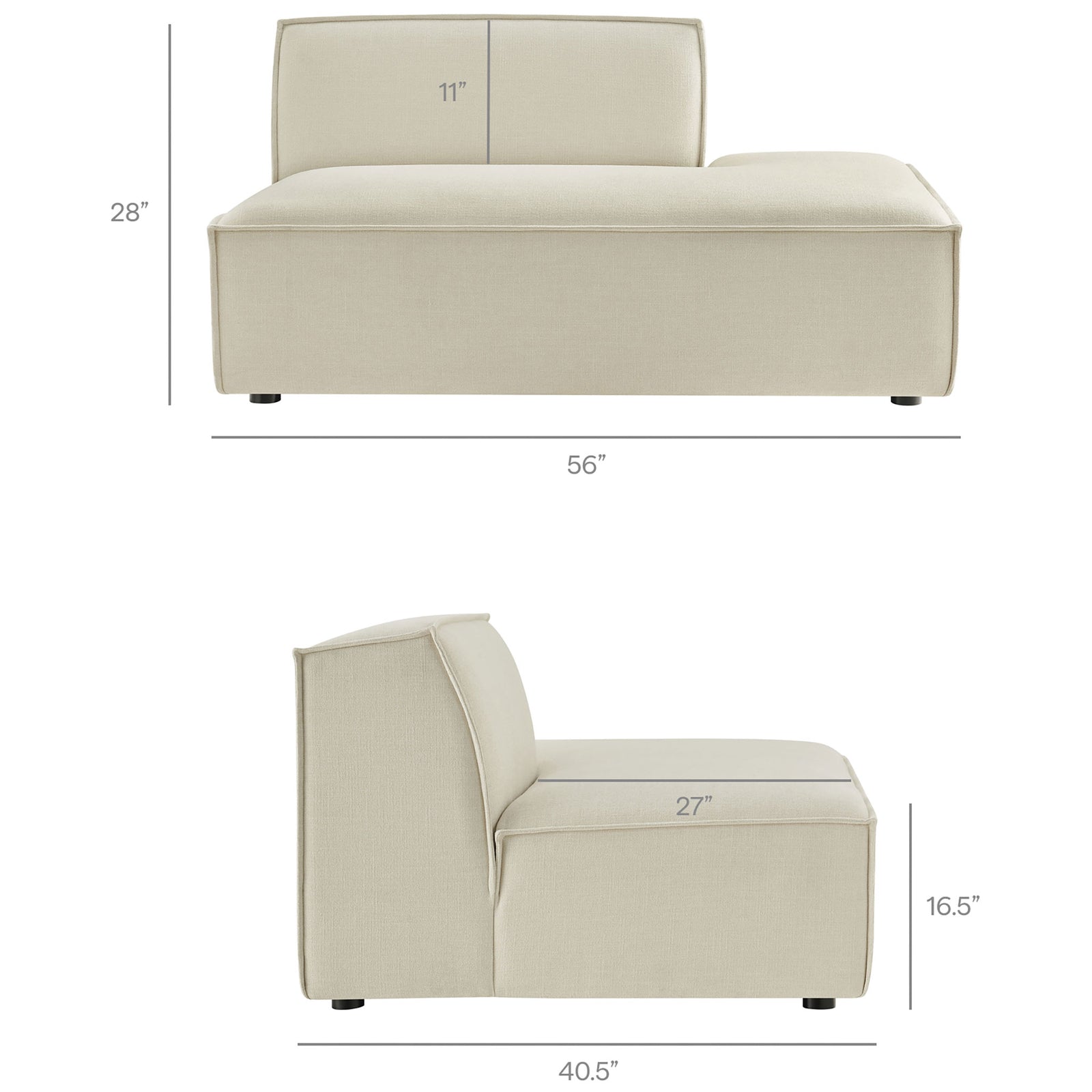 Dimensions of the chaise lounge module showing generous length and supportive back height || EEI-7421-ECR || dimension_studio