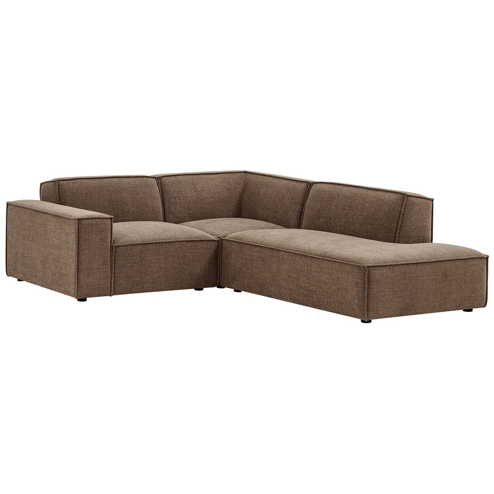 Mocha performance fabric L-shaped modular sectional with low profile and wide track arm for relaxed lounging || EEI-7421-MOC || front_angle_studio