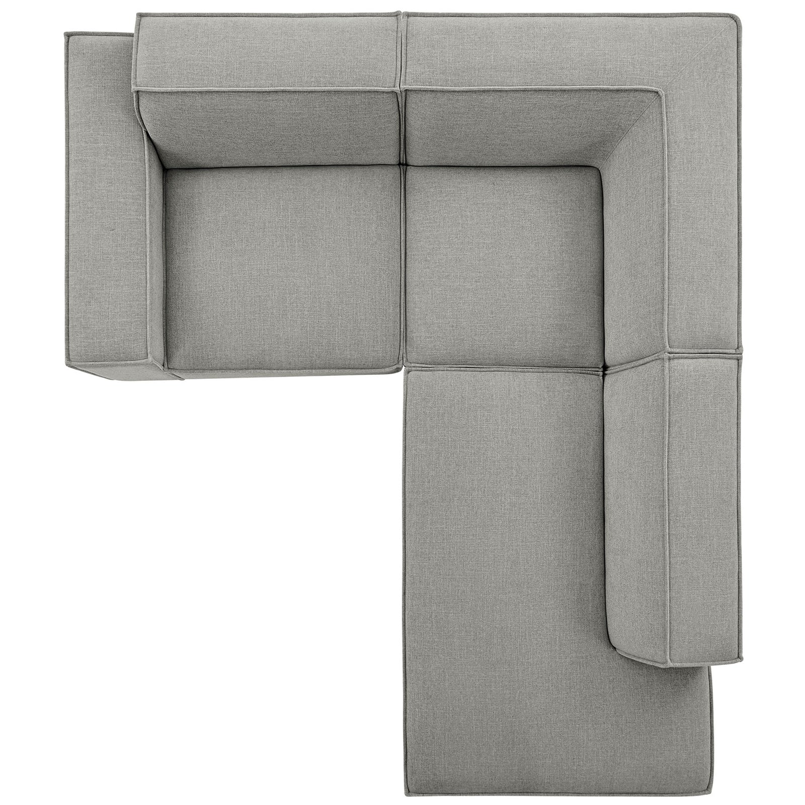 Three-piece modular sectional forming a crisp right-hand L configuration in soft pewter upholstery. || EEI-7421-PEW || top_studio