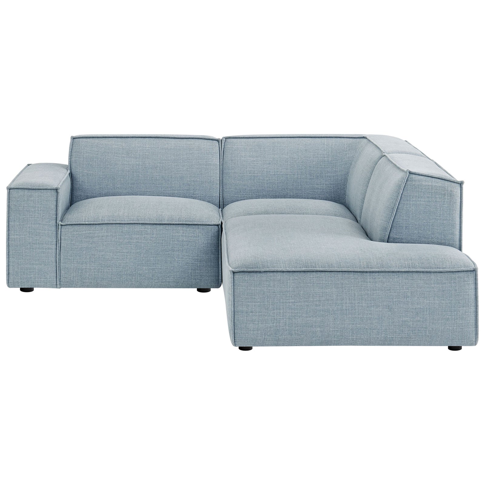 Sky blue modular sectional with wide armrest, deep seats, and crisp piping for modern living rooms || EEI-7421-SKY || front_studio