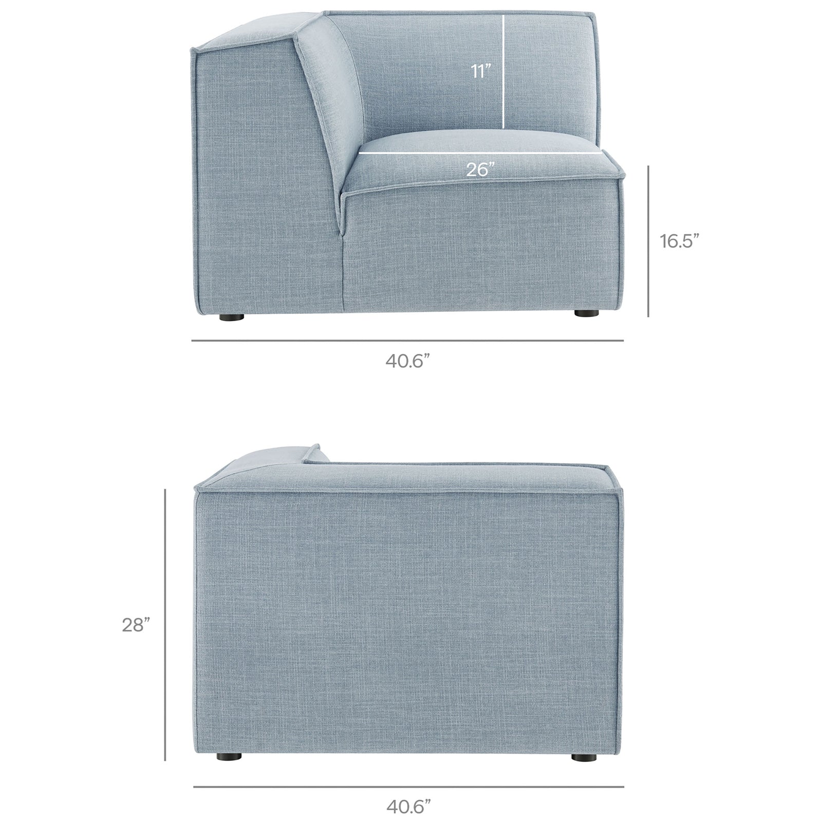 Dimension chart details the corner unit sizing to maximize comfort while maintaining a clean tailored profile || EEI-7421-SKY || dimension_studio