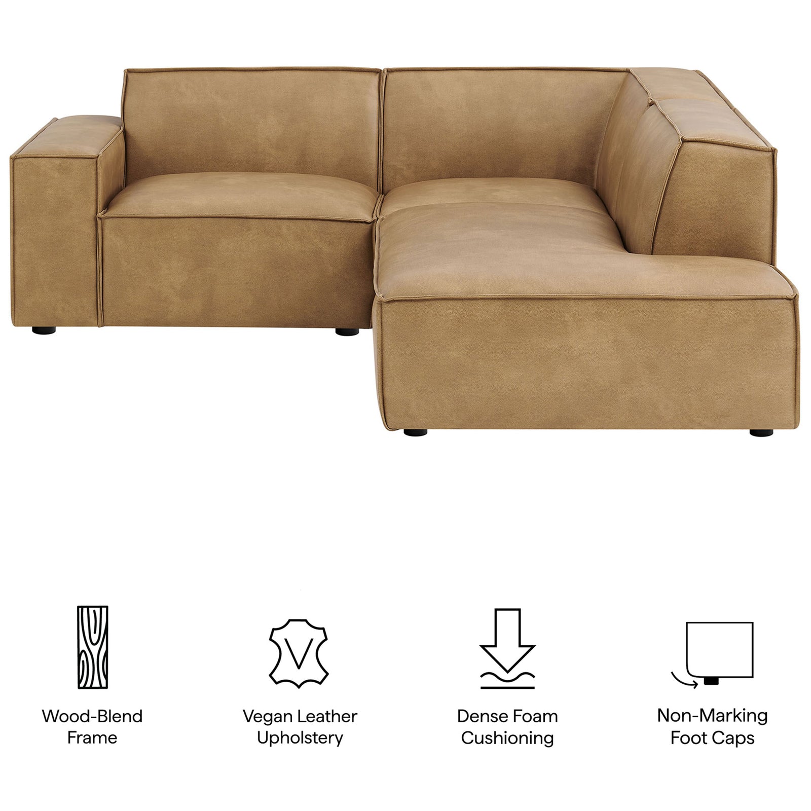 Key features of the Restore toast vegan leather sectional including cushioned comfort and floor-safe foot caps || EEI-7422-TST || callout_studio