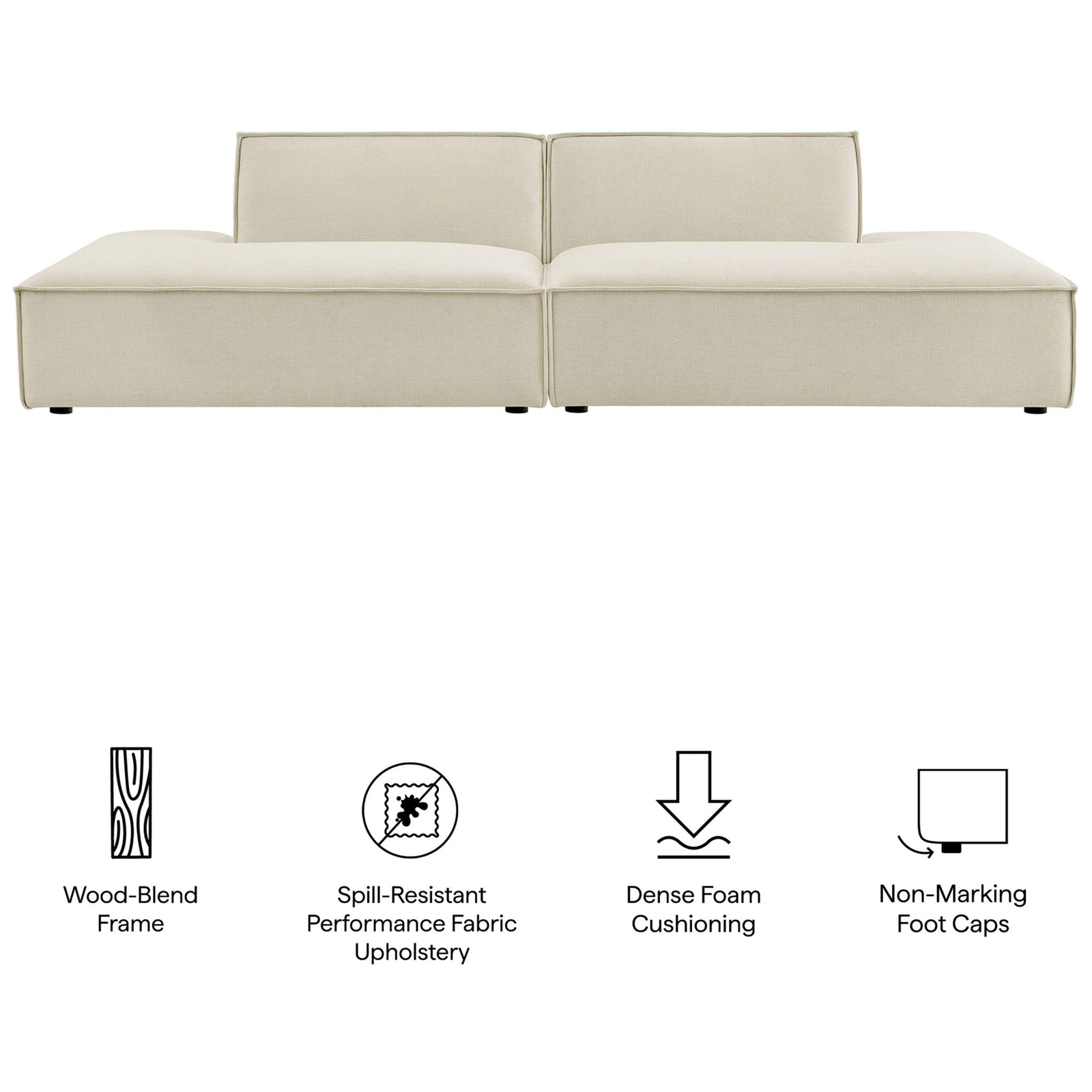 Modular loveseat with spill-resistant fabric, plush cushions, wood-blend frame, and non-marking foot caps || EEI-7423-ECR || callout_studio