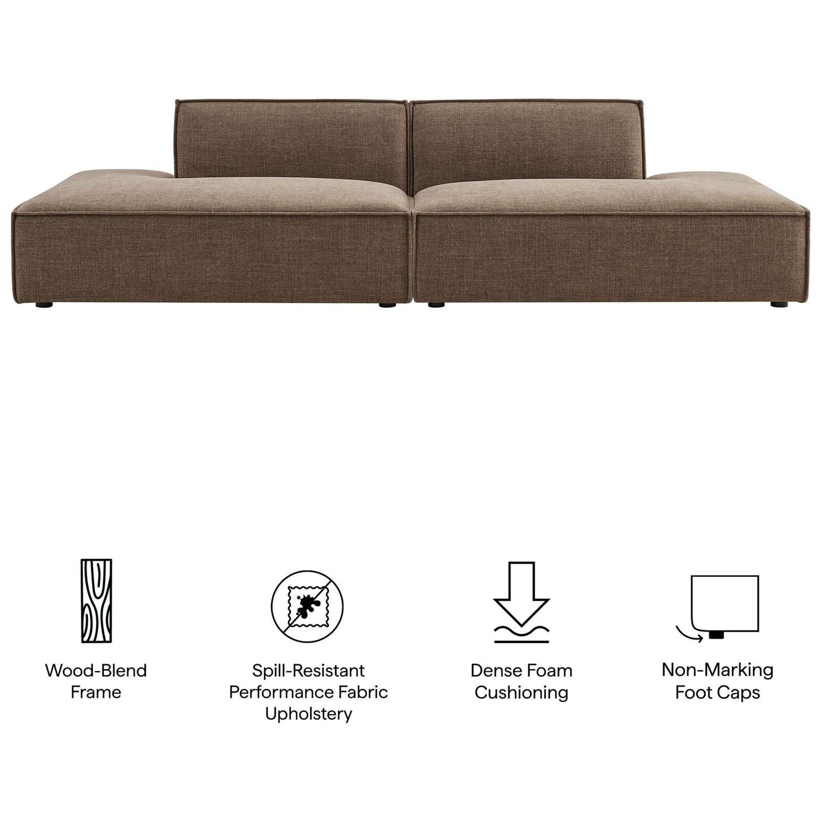 Mocha modular loveseat highlighting its wood-blend frame, dense foam cushioning, and spill-resistant fabric || EEI-7423-MOC || callout_studio