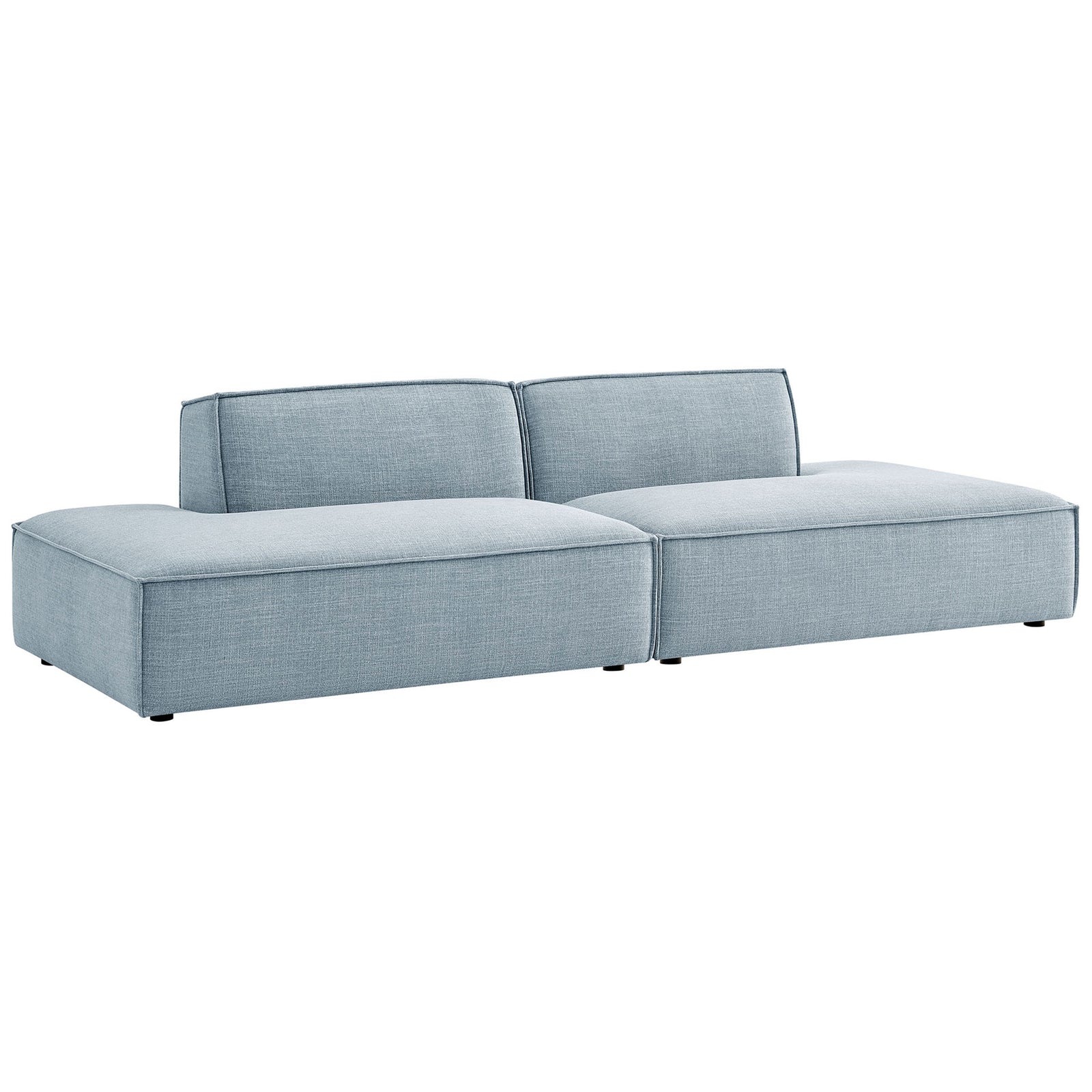 Sky blue modular chaise loveseat with clean lines and low-profile backrests || EEI-7423-SKY || front_angle_studio