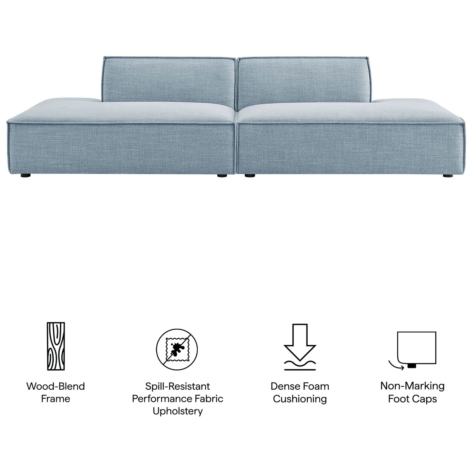 Sky blue modular loveseat engineered with spill-resistant upholstery dense foam and non-marking foot caps || EEI-7423-SKY || callout_studio