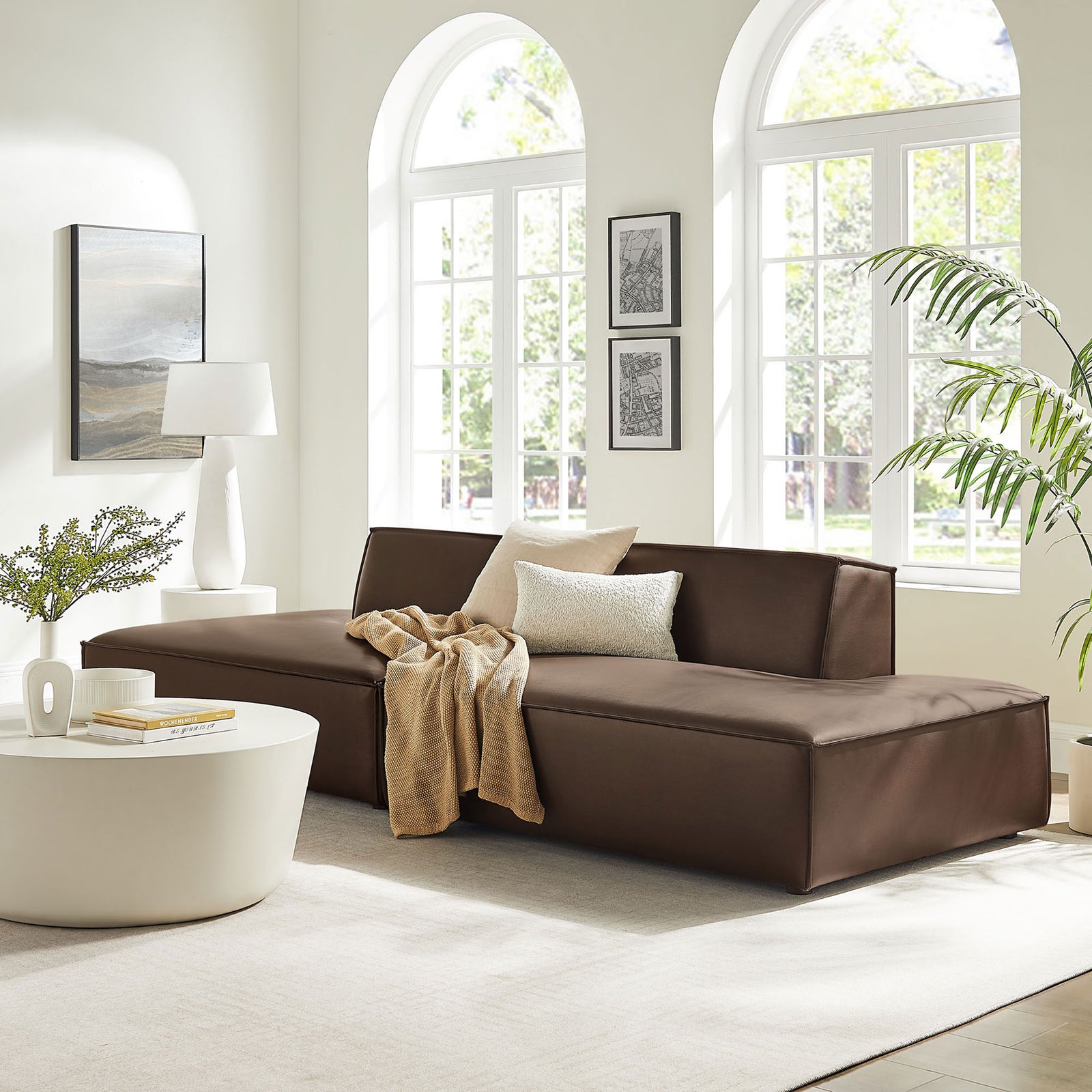 Espresso modular loveseat styled in a bright living room, creating a relaxed lounge-ready centerpiece || EEI-7424-ESP || front_angle_room