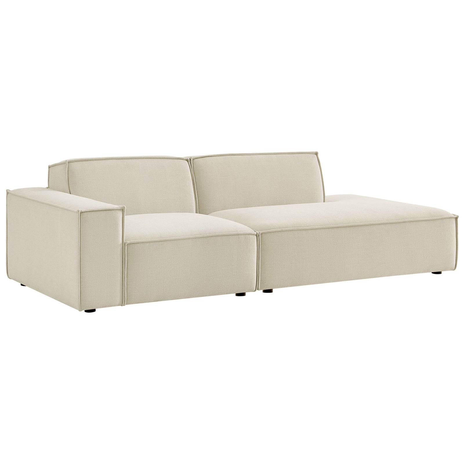 Low-profile ecru modular loveseat with clean lines and tailored French piping detail || EEI-7425-ECR || front_angle_studio
