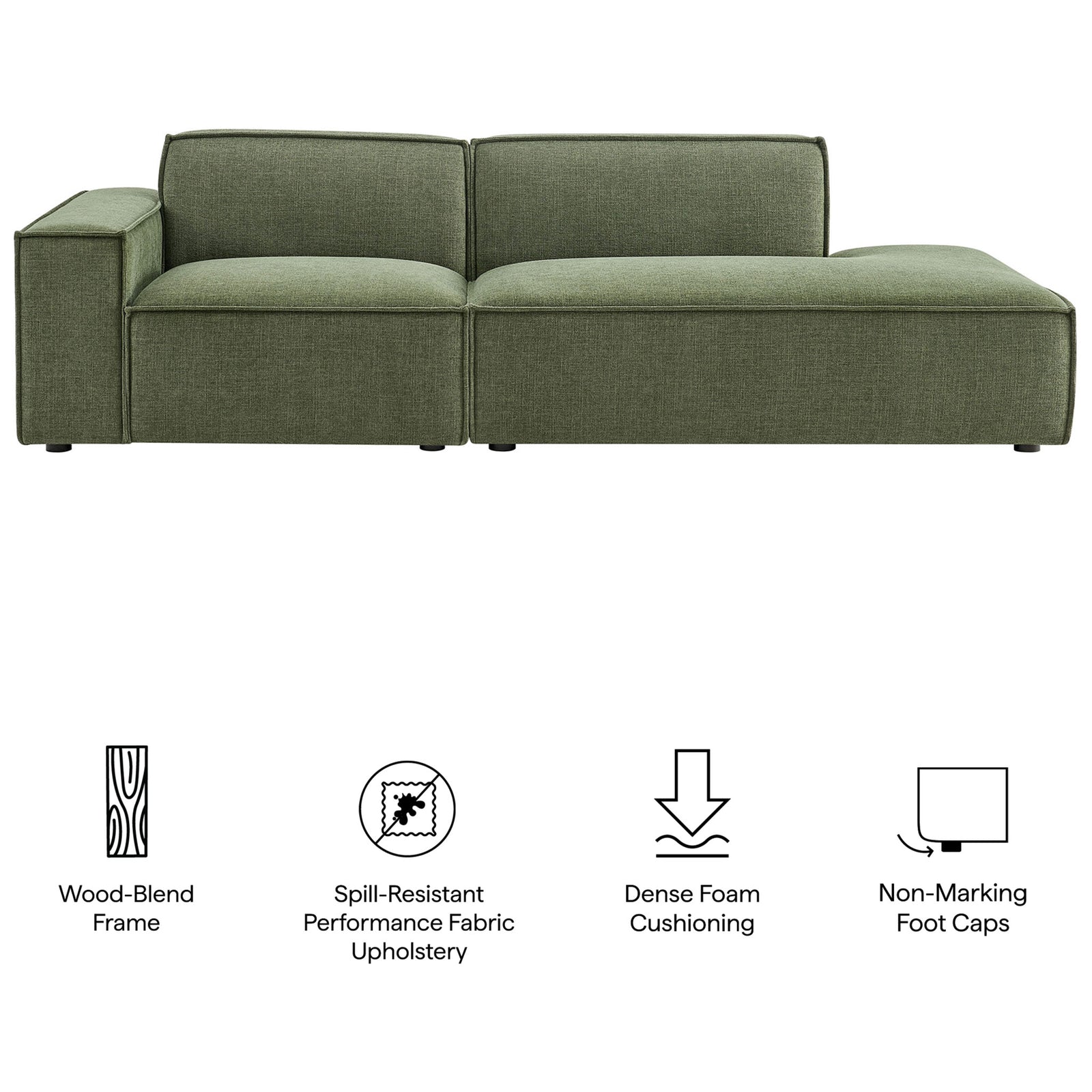 Green modular loveseat with icons highlighting wood-blend frame, performance fabric, foam, and foot caps || EEI-7425-FOL || callout_studio