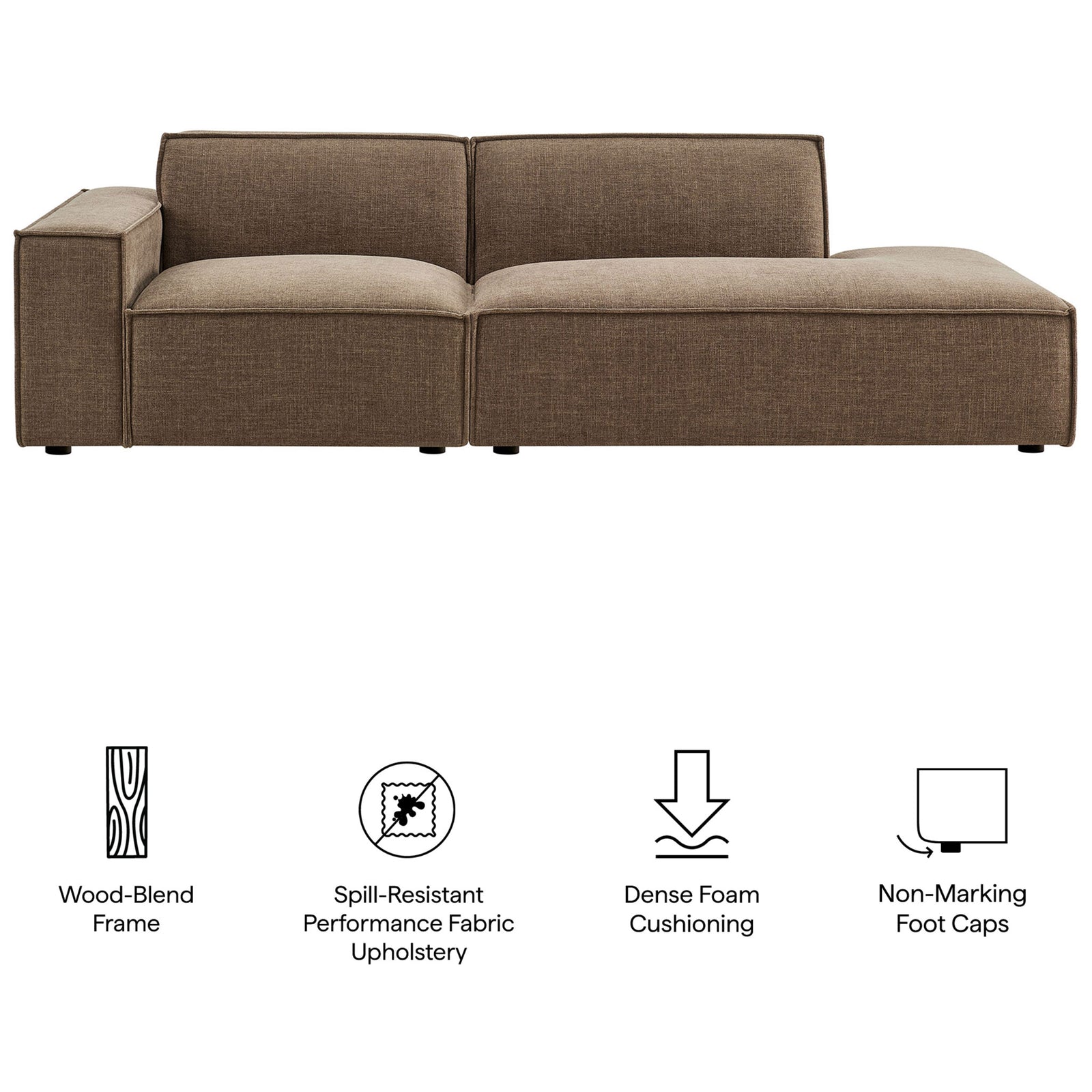 Key features of mocha modular loveseat including spill resistant fabric and dense foam cushioning || EEI-7425-MOC || callout_studio