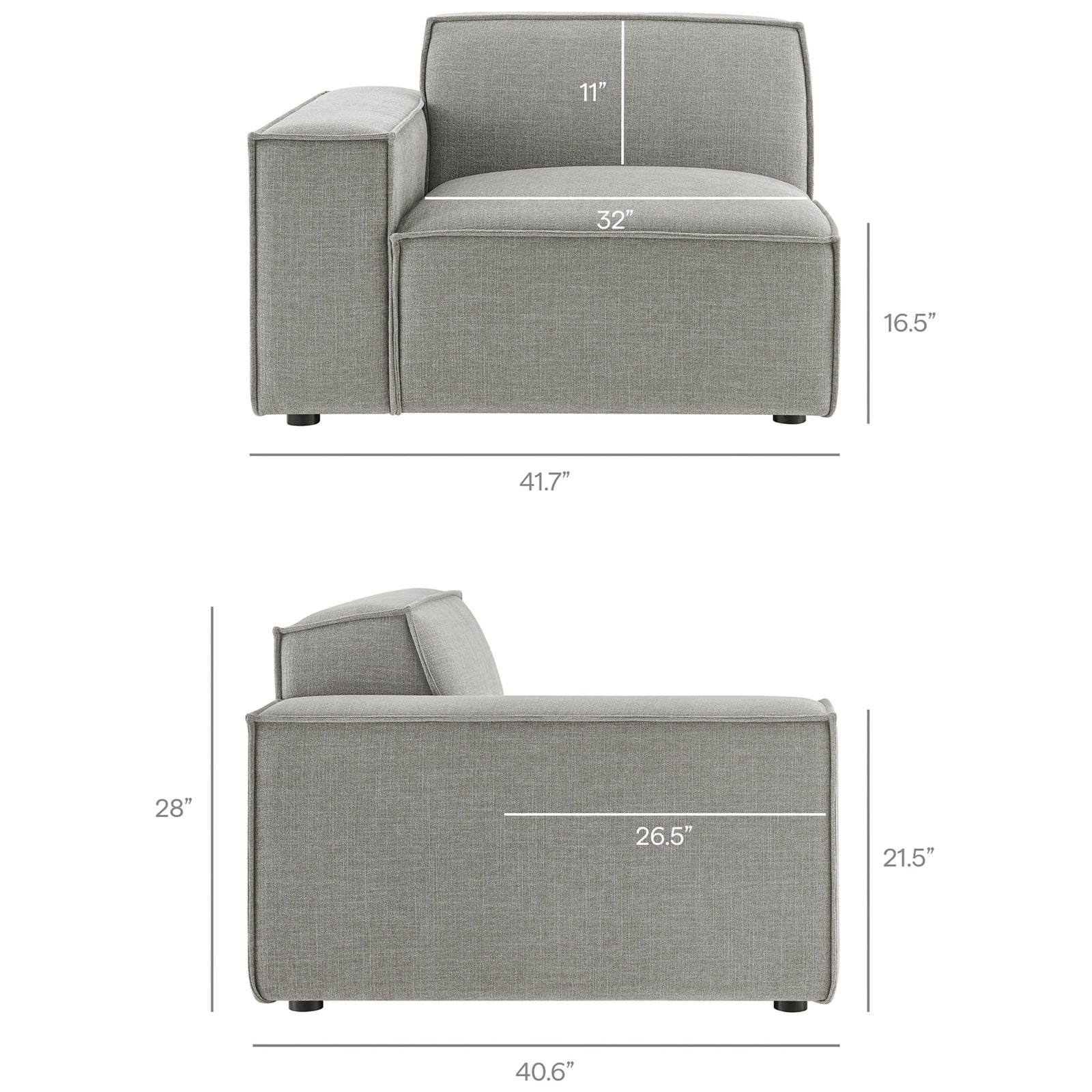 Dimension diagram for the modular lounge chair section of the pewter two-piece loveseat. || EEI-7425-PEW || dimension_studio