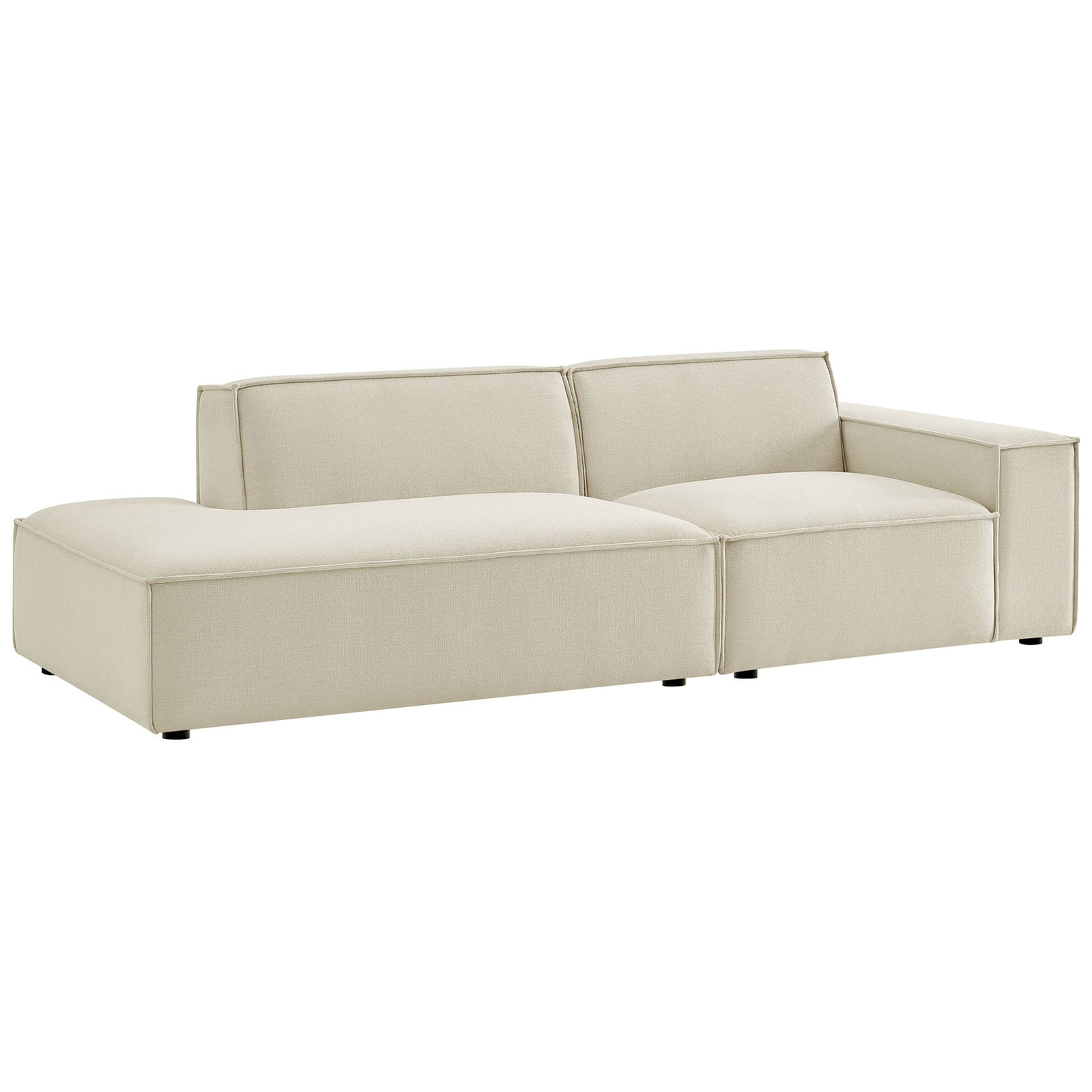 Ecru modular loveseat with right armrest and spacious left chaise for laid-back lounging || EEI-7427-ECR || front_angle_studio