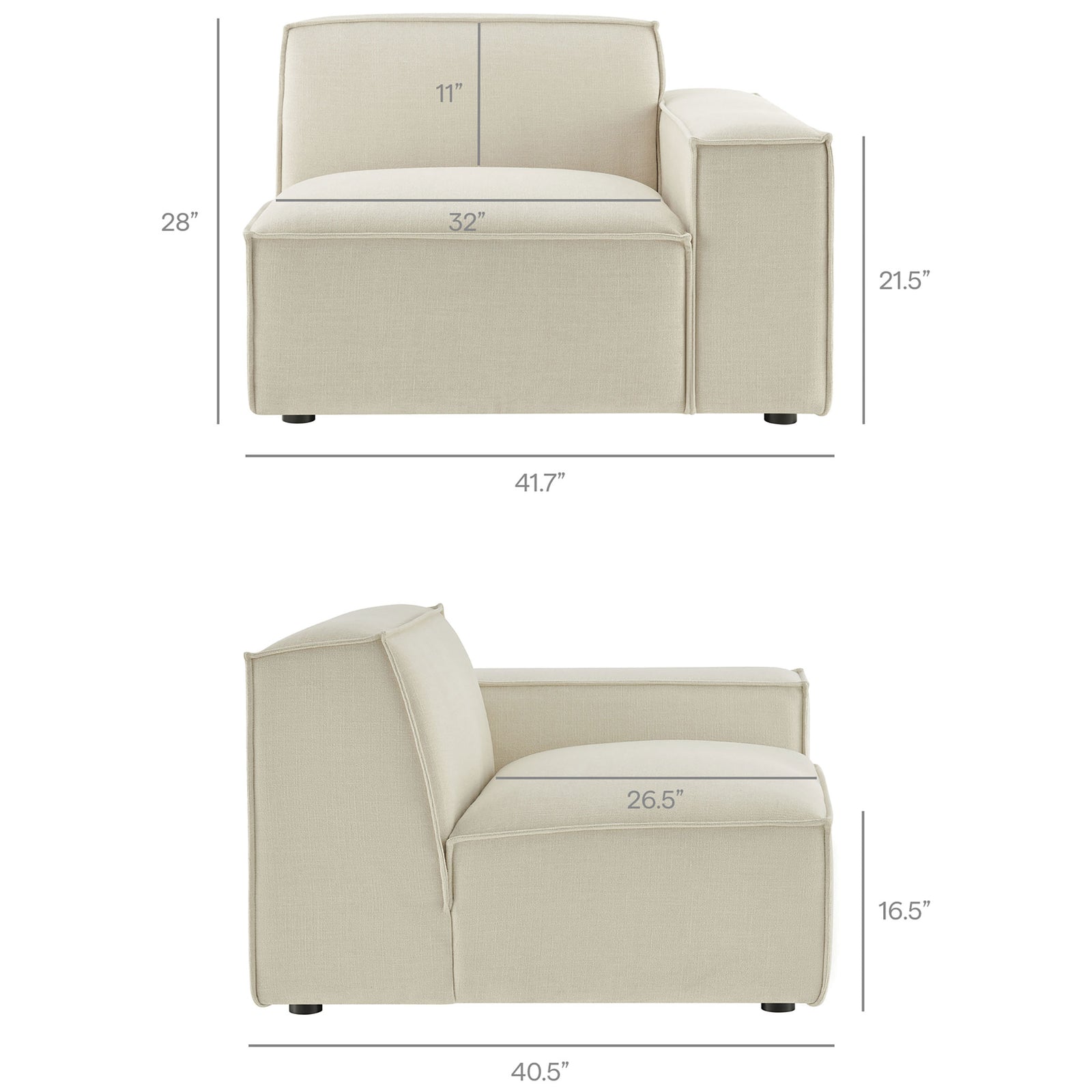 Right-arm lounge chair module with full seat and back dimensions for modular sofa customization || EEI-7427-ECR || dimension_studio