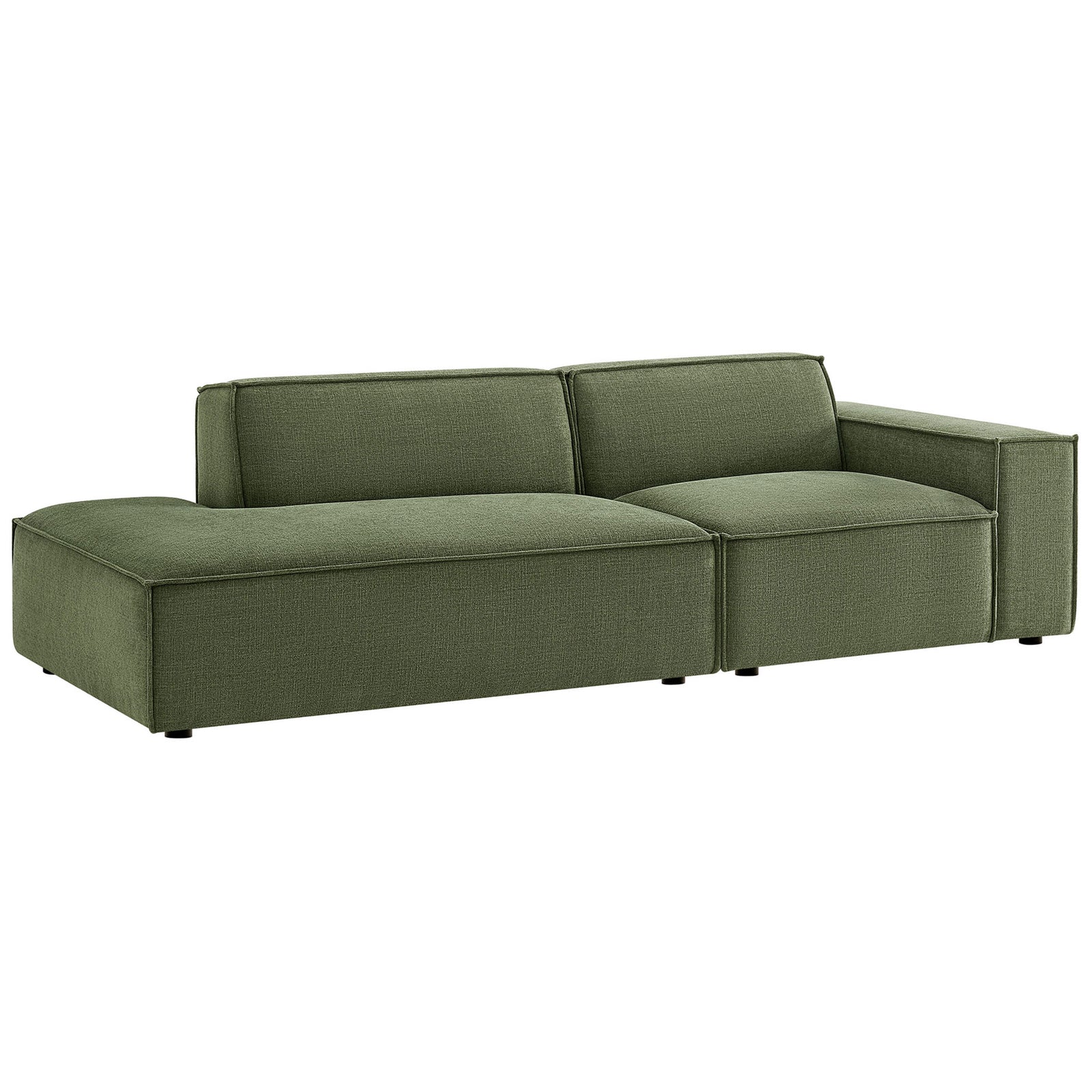 Foliage green modular loveseat with right armrest and left chaise in soft performance fabric upholstery || EEI-7427-FOL || front_angle_studio