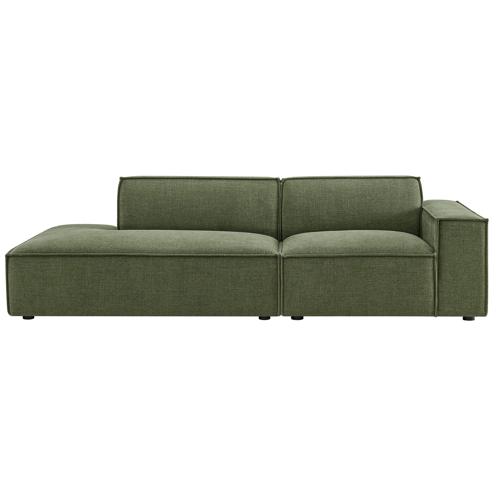 Modern green modular loveseat with structured cushions and low back design for contemporary spaces || EEI-7427-FOL || front_studio