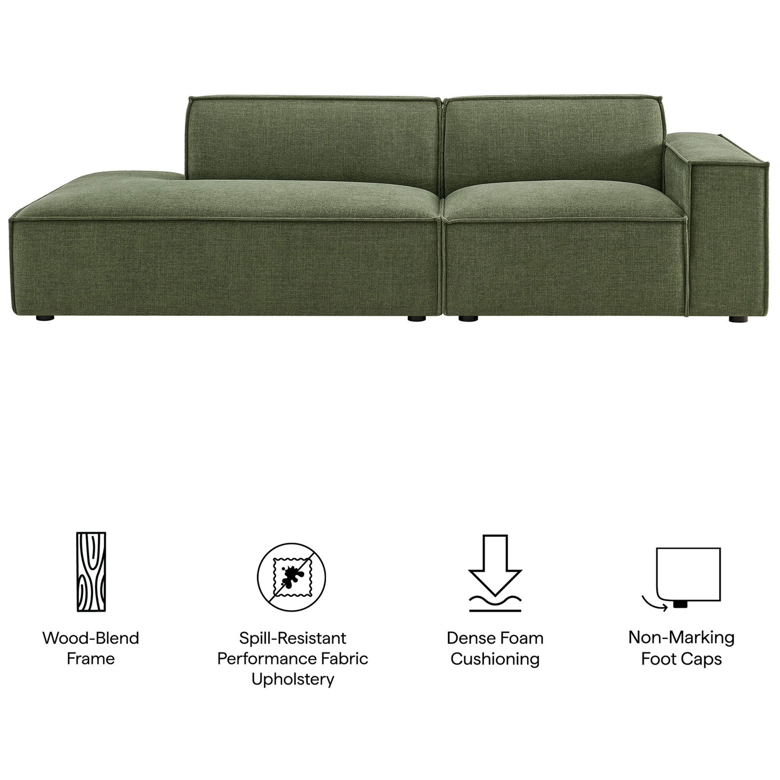 Green modular loveseat with icons calling out wood-blend frame, performance fabric, foam, and foot caps || EEI-7427-FOL || callout_studio