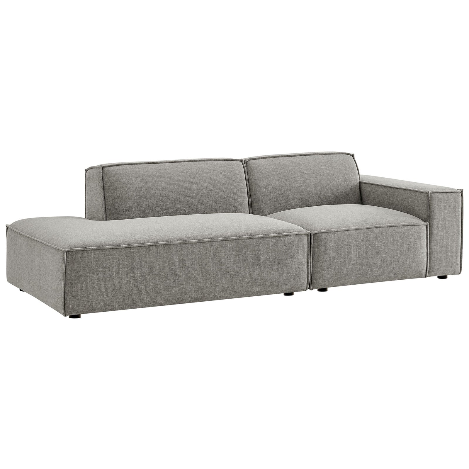 Pewter modular loveseat with right armrest and roomy left chaise in soft performance fabric upholstery. || EEI-7427-PEW || front_angle_studio