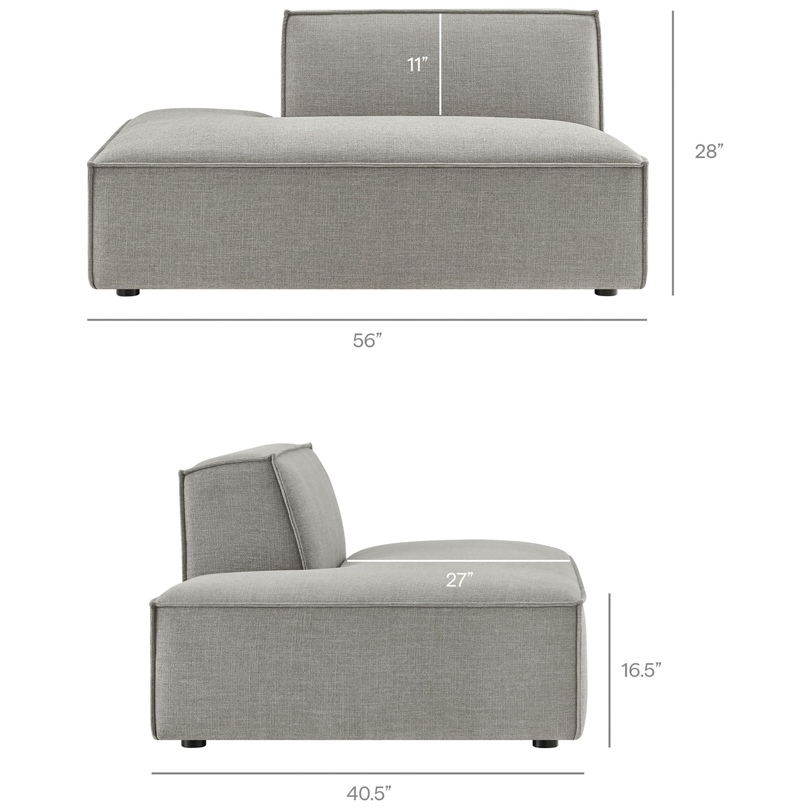 Dimension diagram for the chaise module of the pewter modular loveseat. || EEI-7427-PEW || dimension_studio