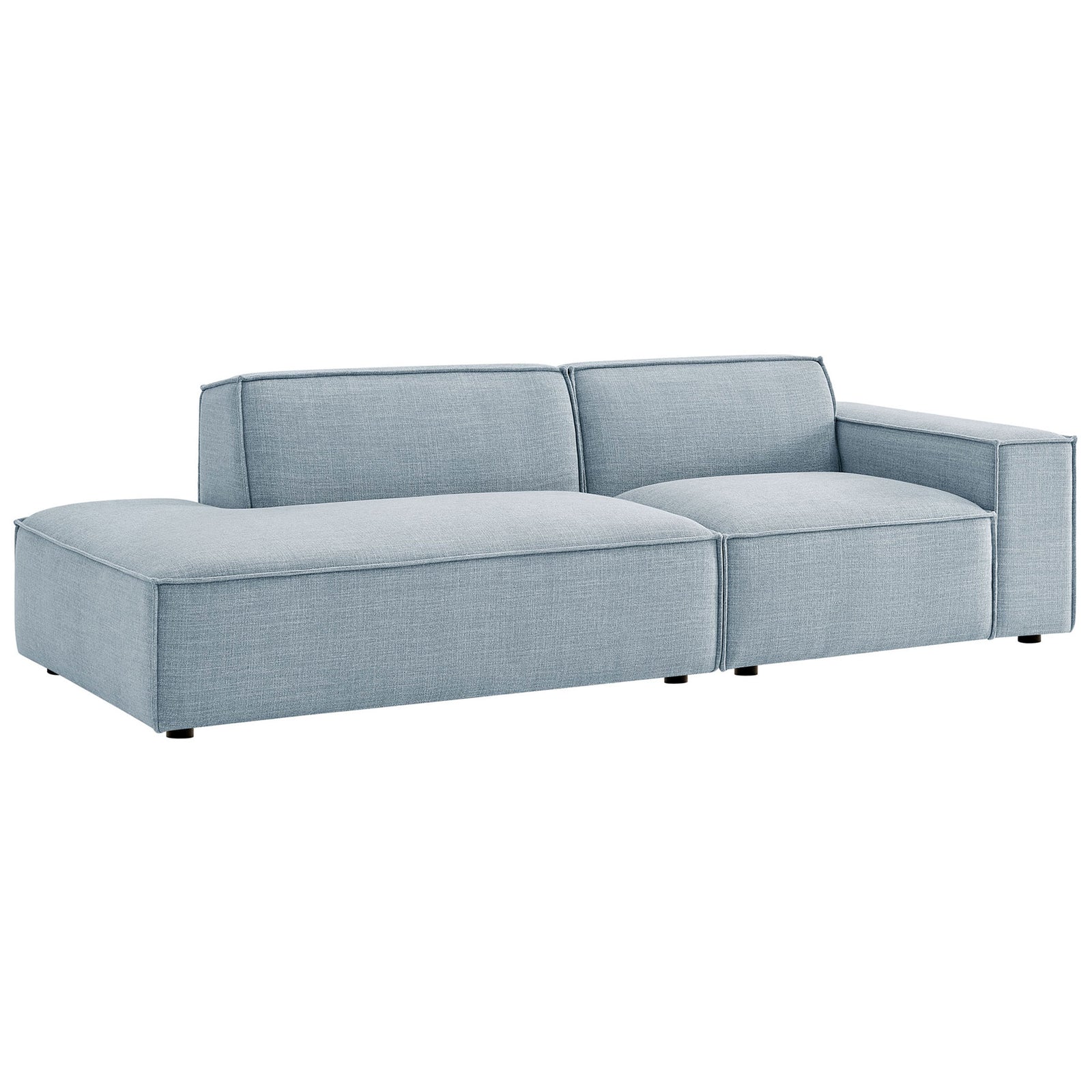 Low profile sky blue modular loveseat with deep cushions and a spacious chaise for laid back lounging || EEI-7427-SKY || front_angle_studio