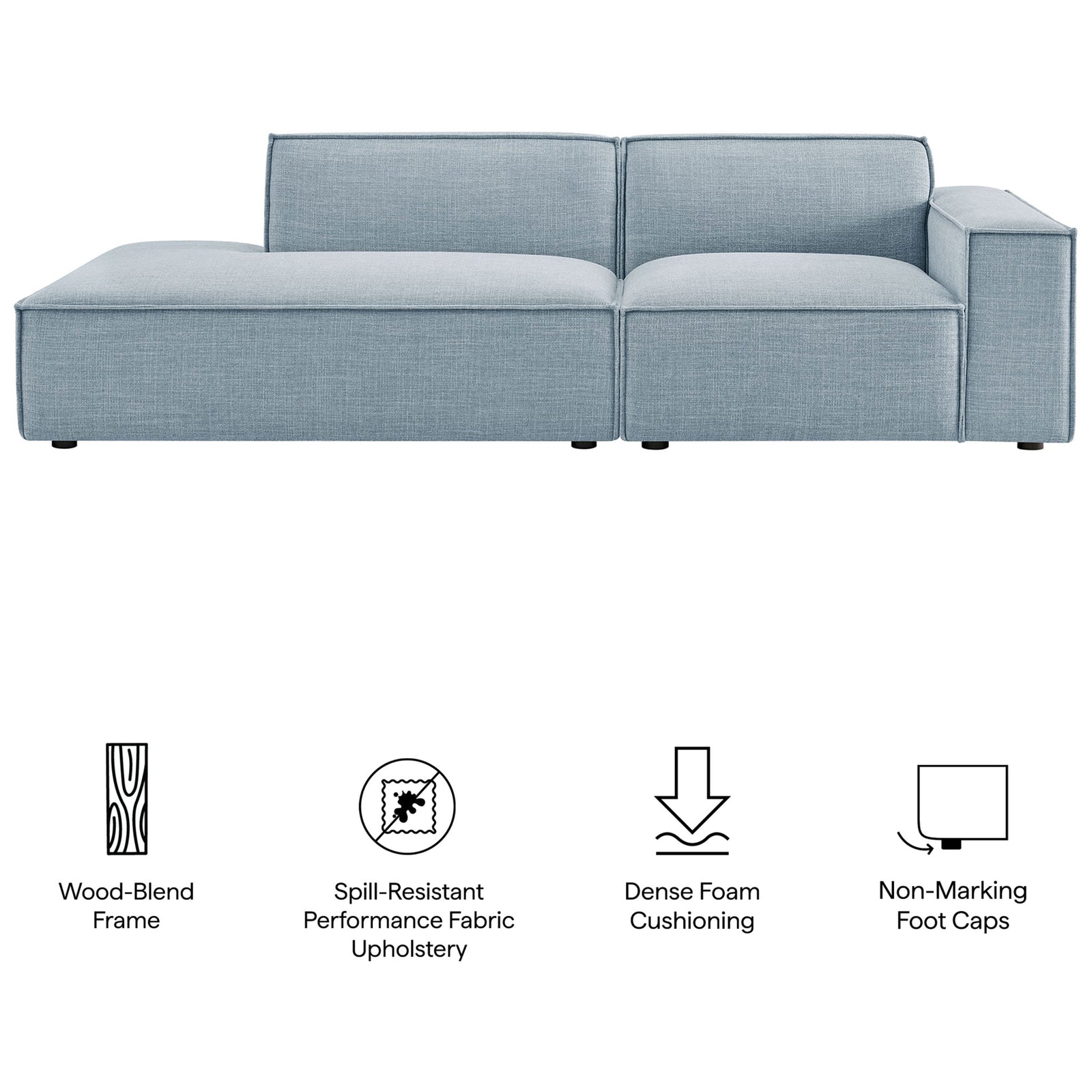 Restore loveseat combines a wood blend frame, spill resistant fabric, dense foam, and non marking foot caps || EEI-7427-SKY || callout_studio