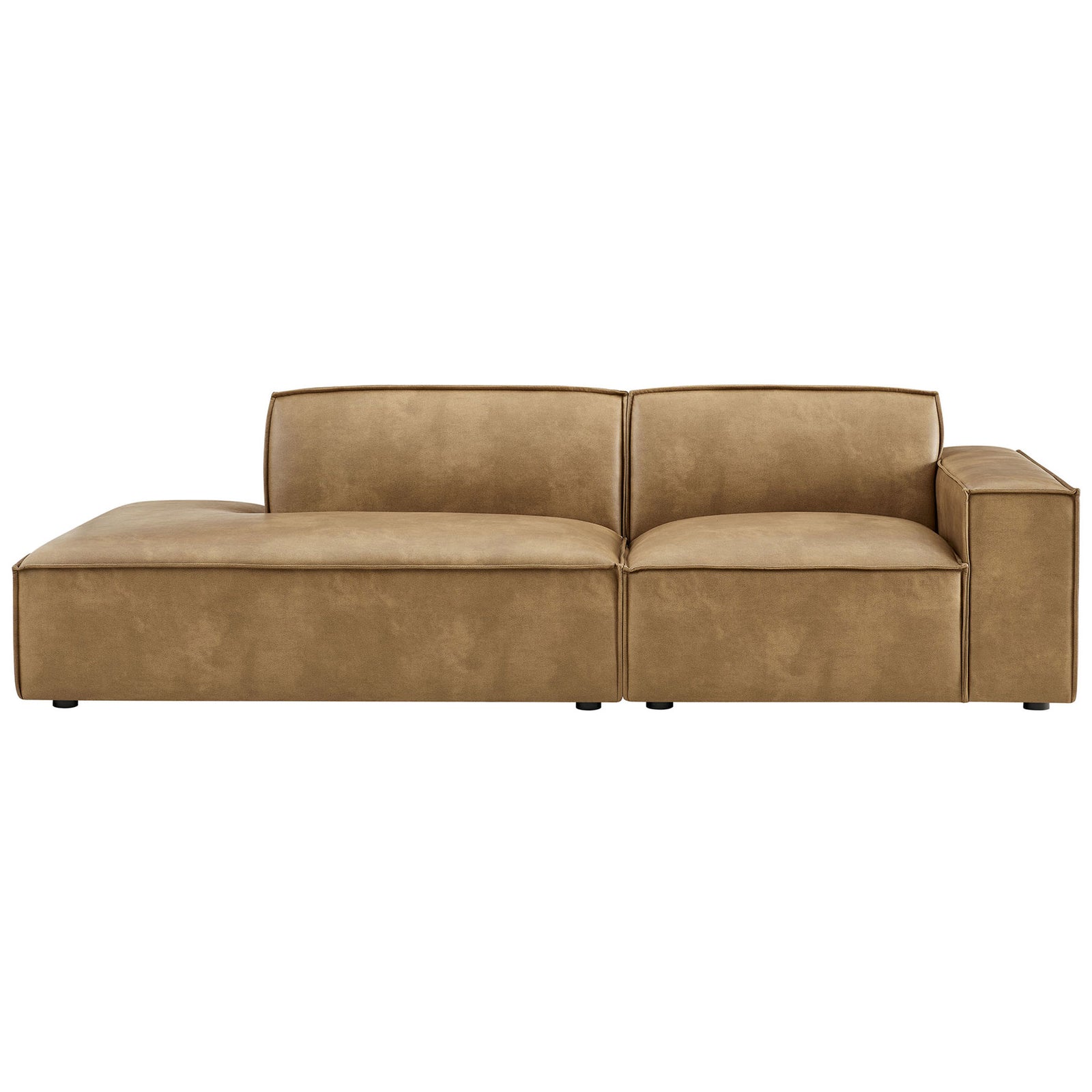 Toast vegan leather loveseat balancing a long chaise with a clean-lined armrest. || EEI-7428-TST || front_studio