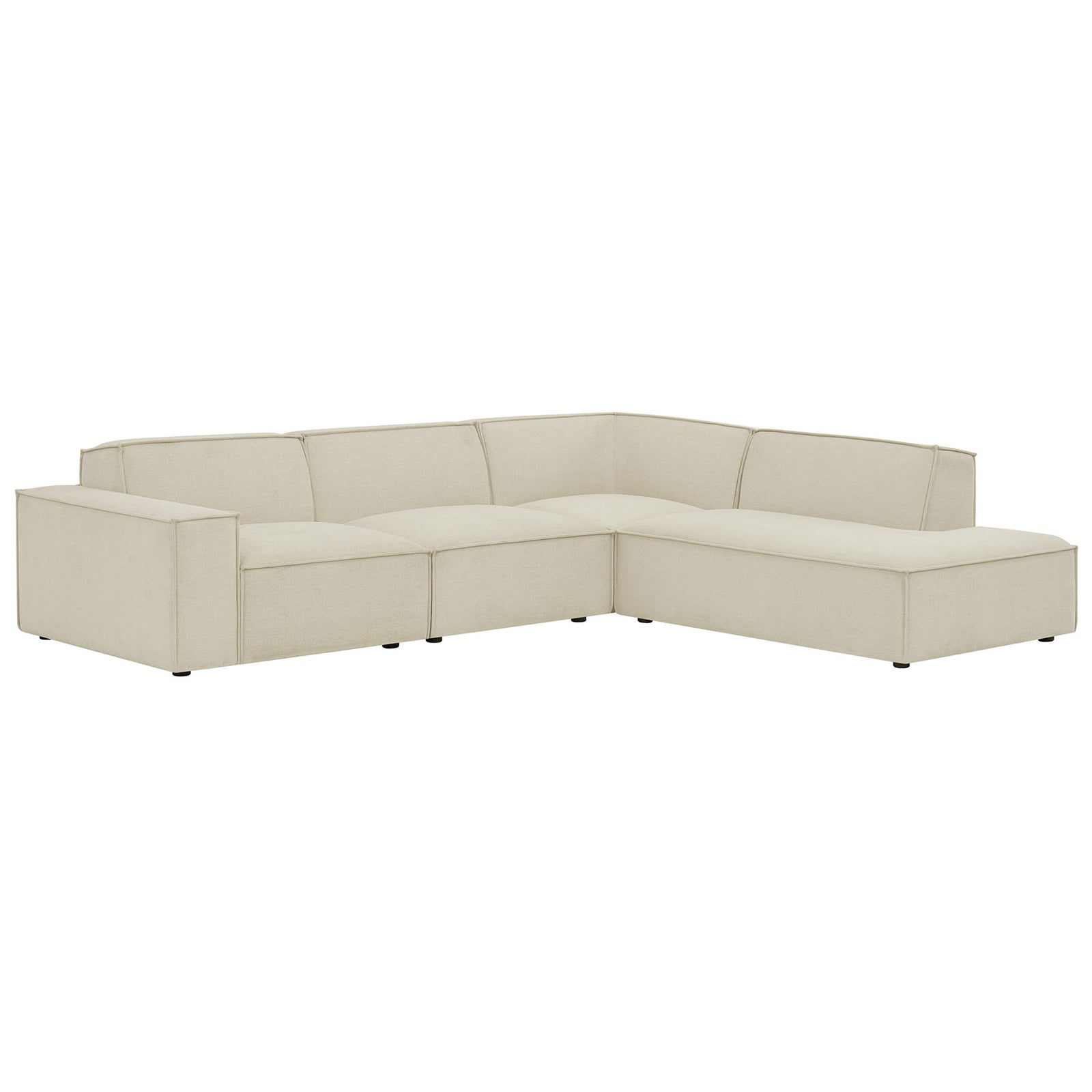 Minimalist ecru modular L-shaped sectional sofa with right chaise and wide arm in performance fabric || EEI-7429-ECR || front_angle_studio