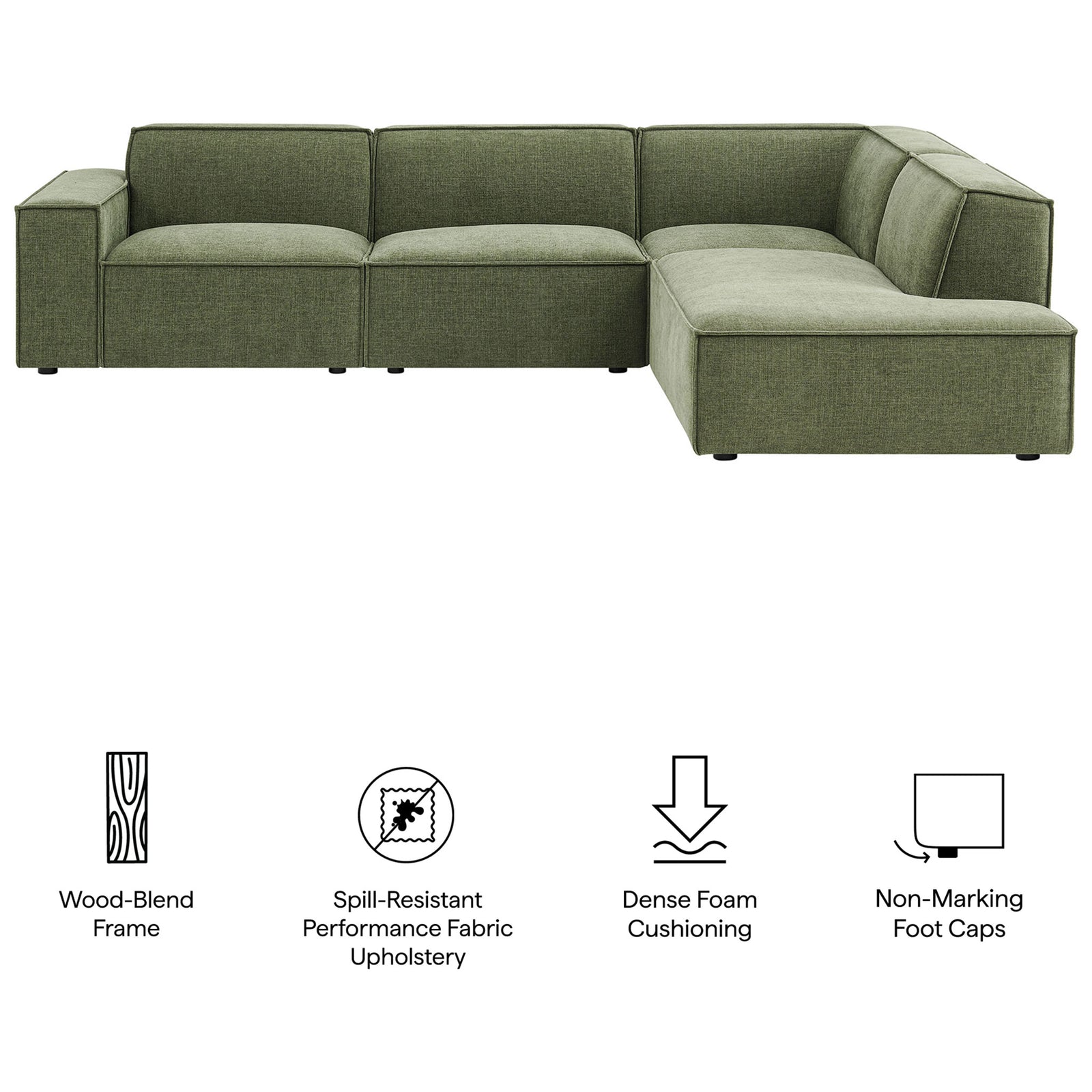Restore foliage green modular sectional sofa offers performance upholstery, dense cushioning, and non-marking foot caps || EEI-7429-FOL || callout_studio
