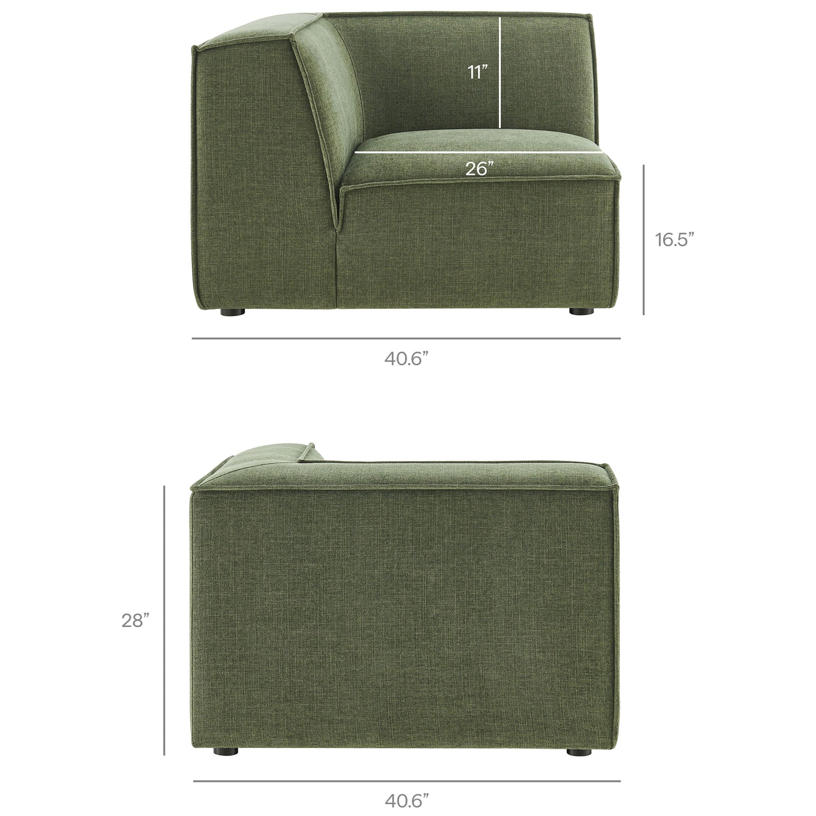 Corner chair module dimensions for the Restore modular sectional, highlighting seat height and compact footprint || EEI-7429-FOL || dimension_studio