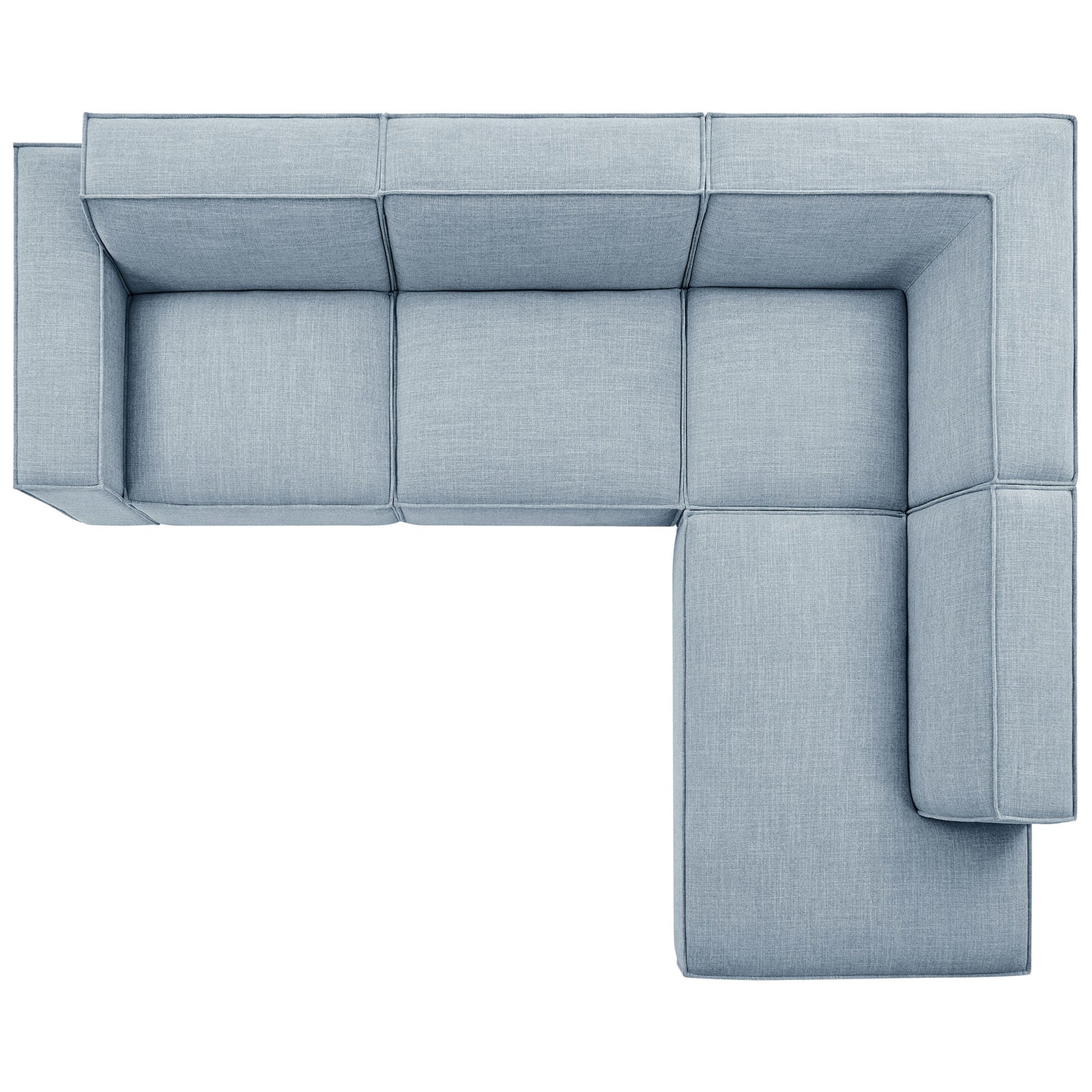 Sky blue L-shaped modular sofa layout showing generous seating with a spacious right-side chaise || EEI-7429-SKY || top_studio