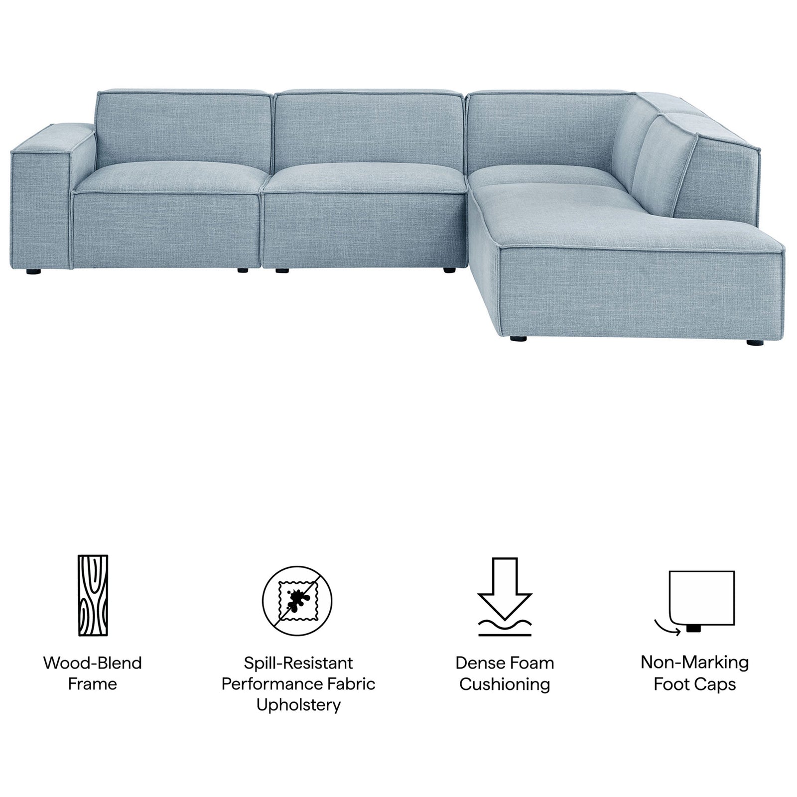 Sky blue modular sectional with icons highlighting durable frame, spill-resistant fabric, and plush cushioning || EEI-7429-SKY || callout_studio