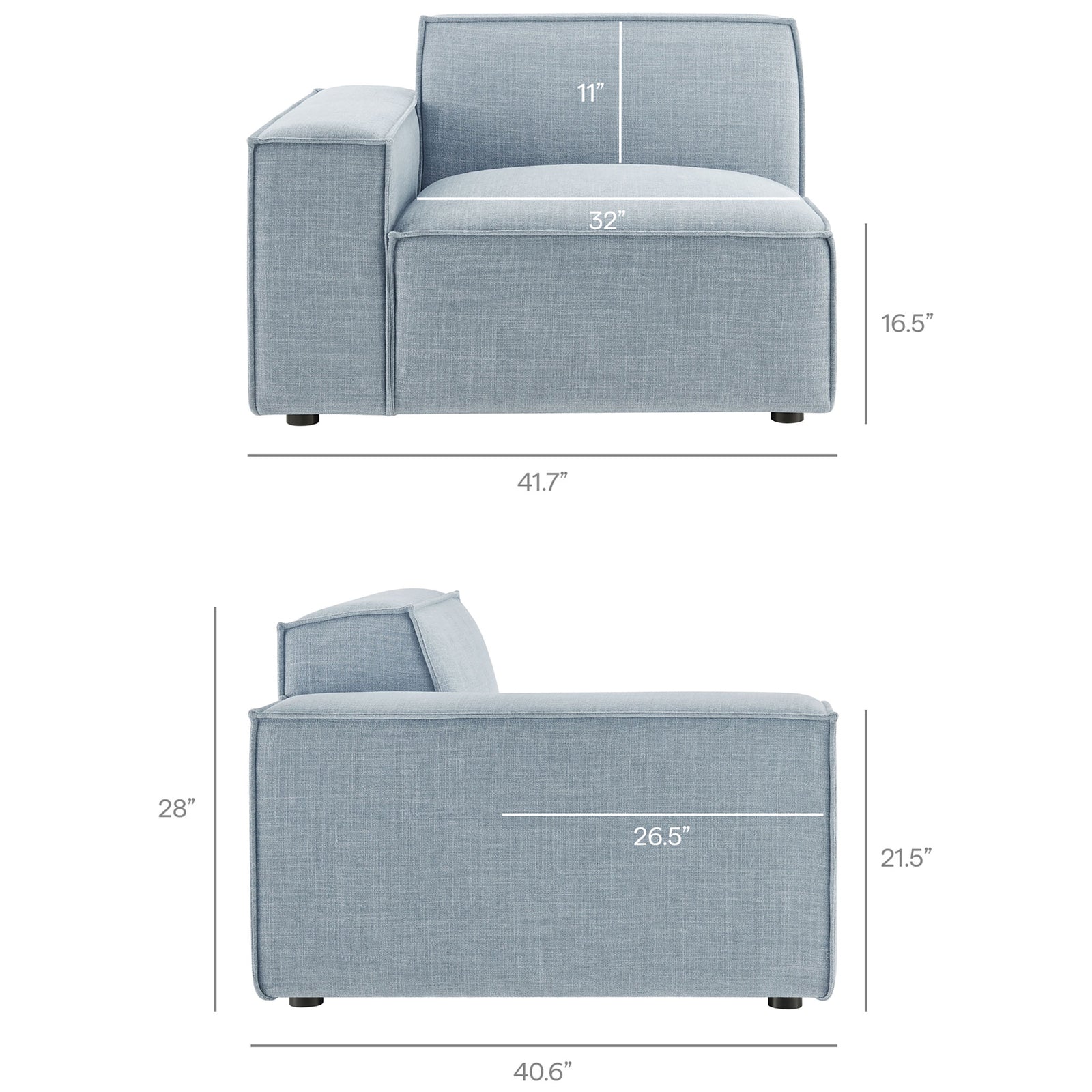 Dimension details for the left-arm chair module with wide track arm and supportive seat || EEI-7429-SKY || dimension_studio