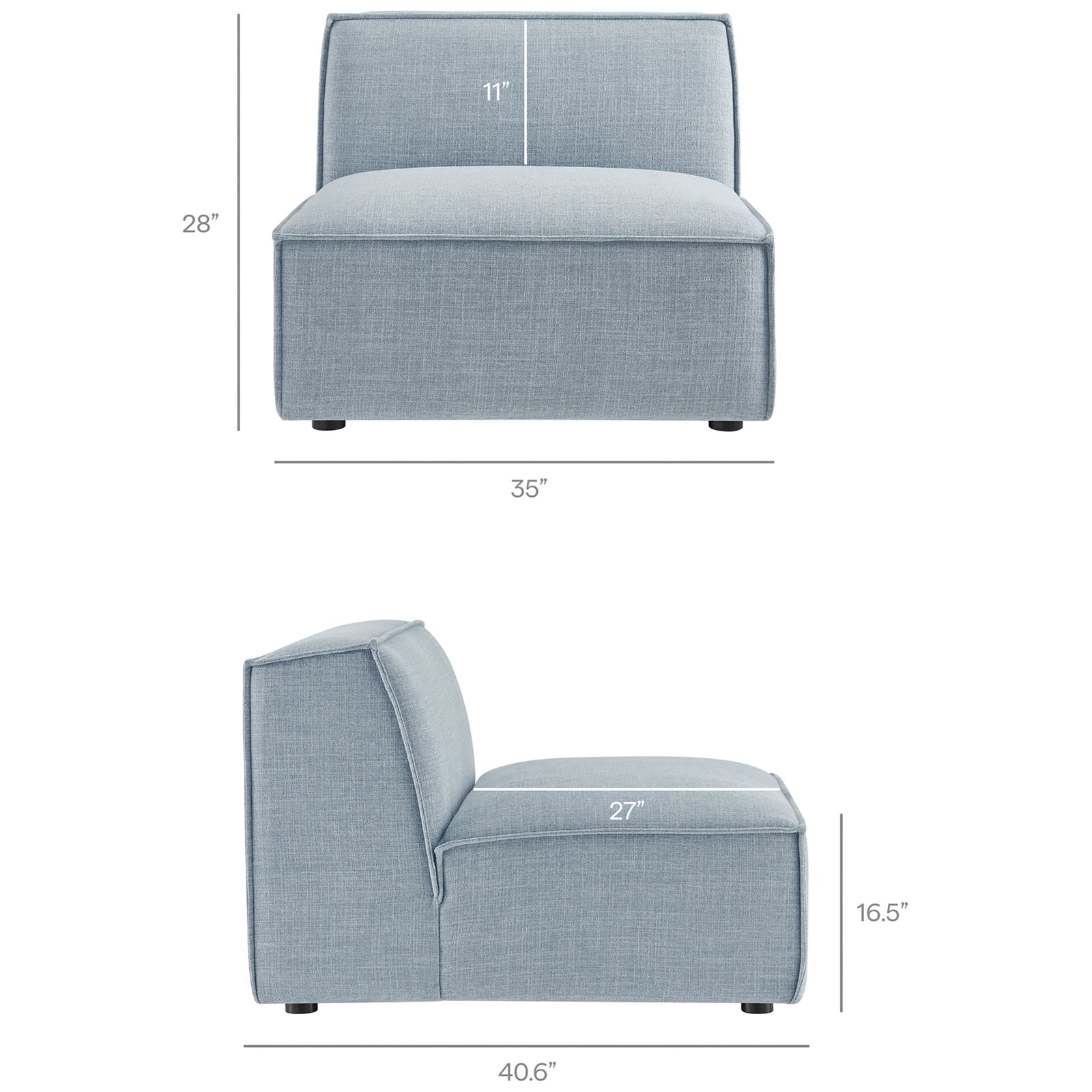 Armless chair module dimensions showing deep cushioned seat and upright back || EEI-7429-SKY || dimension_studio