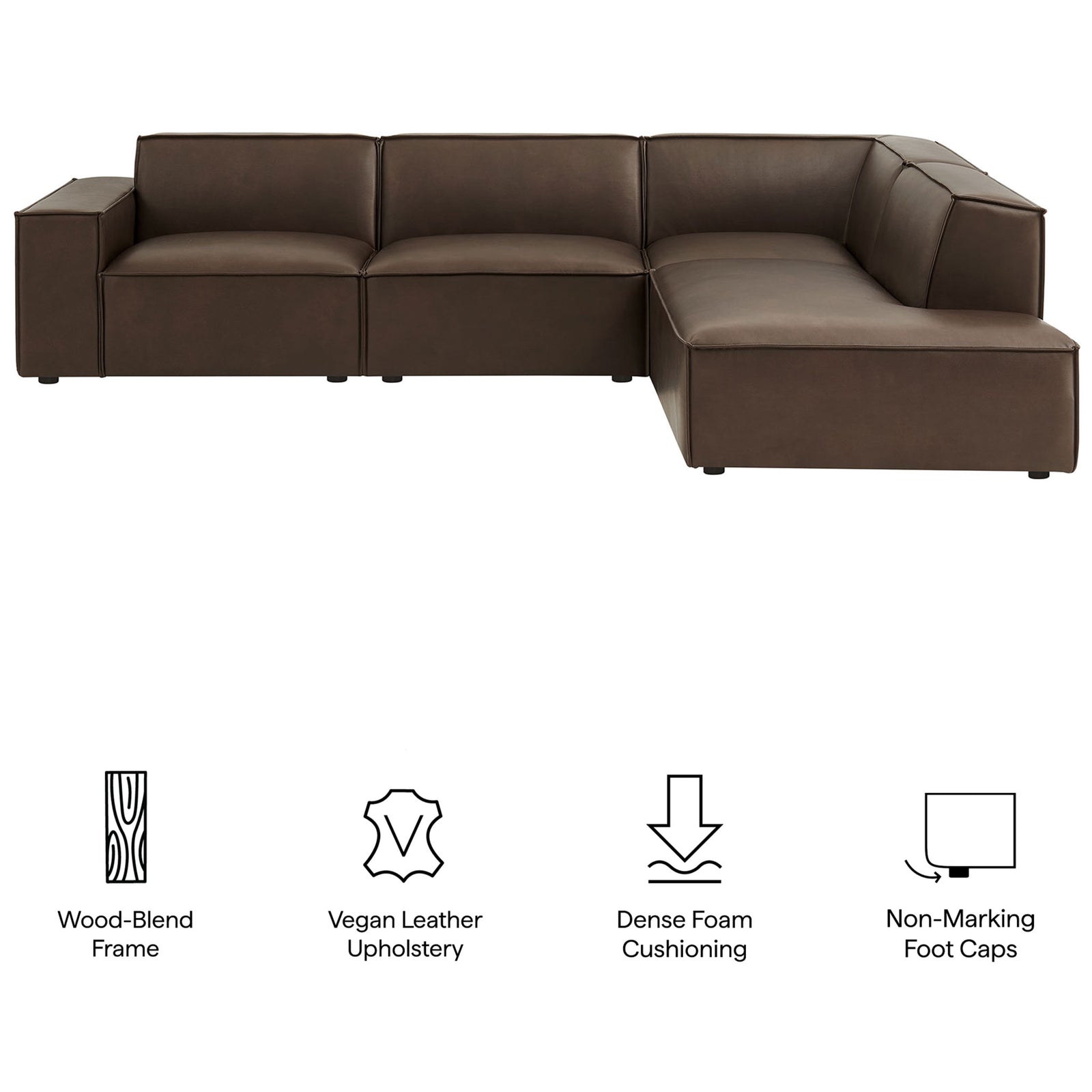 Feature graphic highlighting the Restore espresso vegan leather sectional's wood-blend frame, dense cushioning, and non-marking feet || EEI-7430-ESP || callout_studio