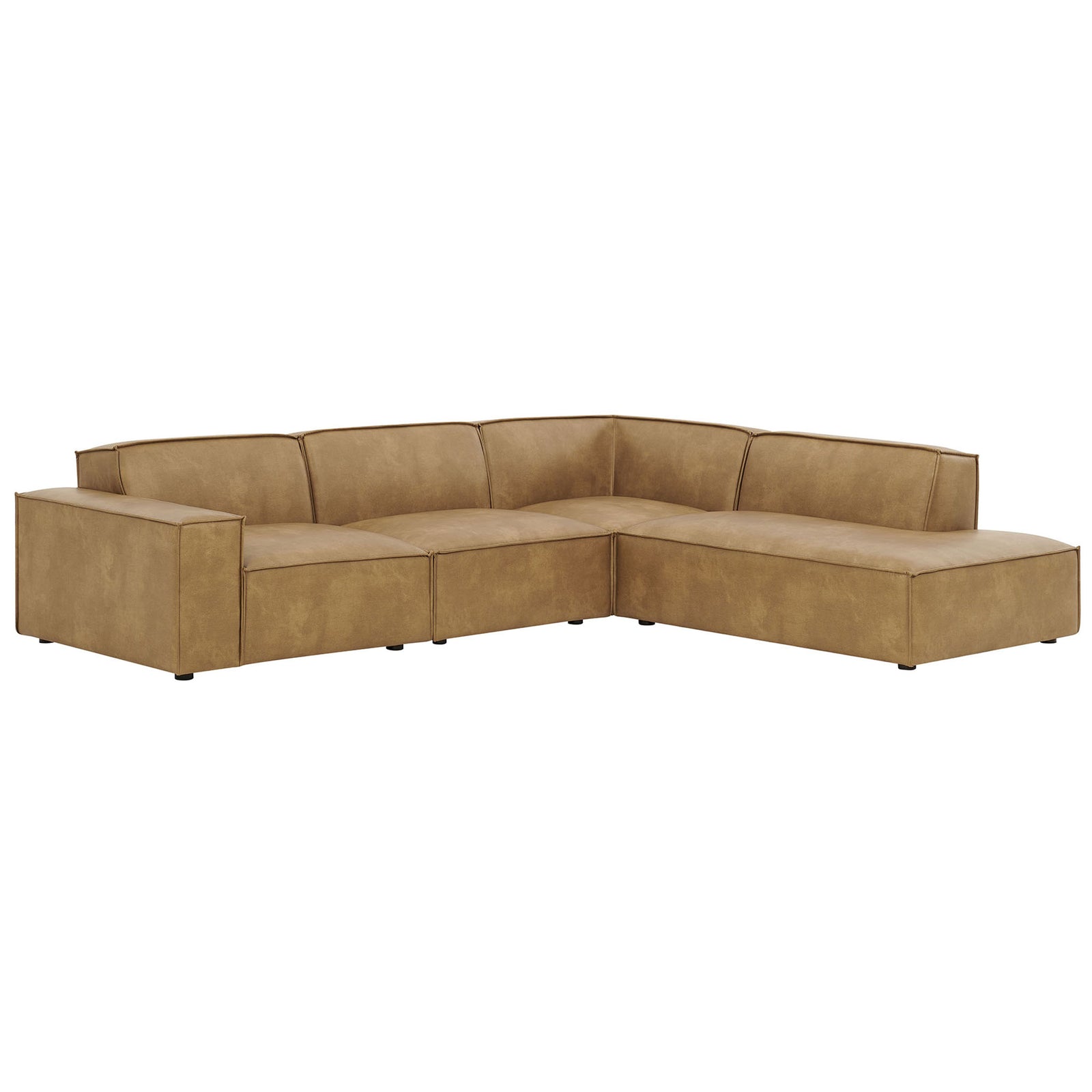 Modern right-chaise modular sectional in toast vegan leather with wide track arms and deep seats || EEI-7430-TST || front_angle_studio