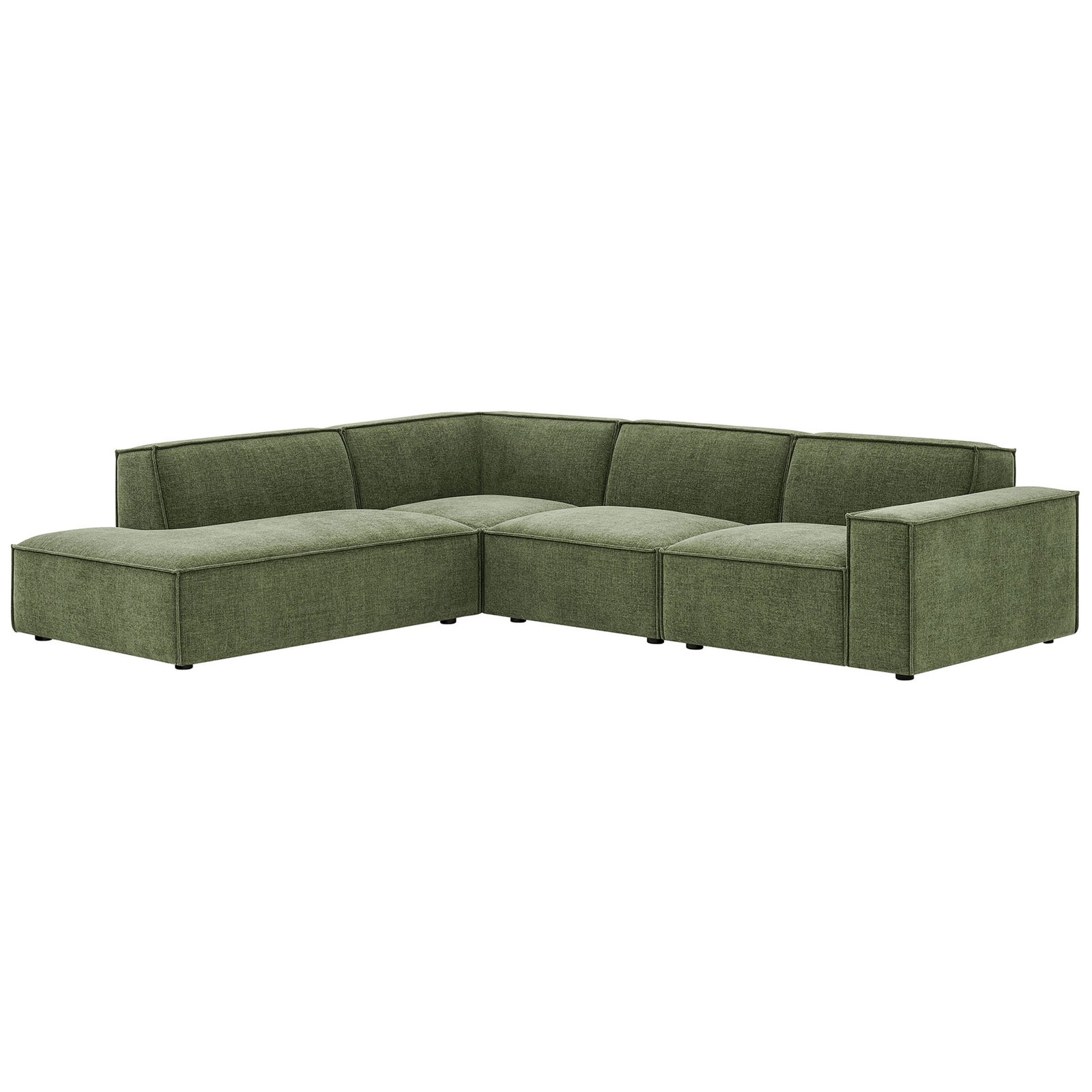 Foliage green Restore modular sectional sofa highlighting low-profile silhouette and spacious left-facing chaise || EEI-7431-FOL || front_angle_studio