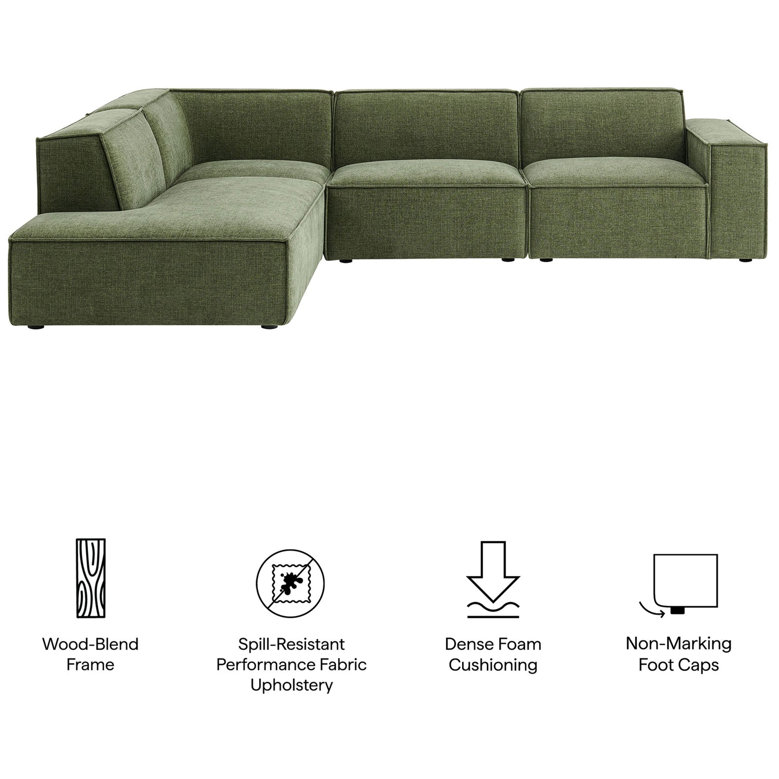 Restore foliage green modular sectional sofa features performance fabric, dense cushioning, and protective foot caps || EEI-7431-FOL || callout_studio