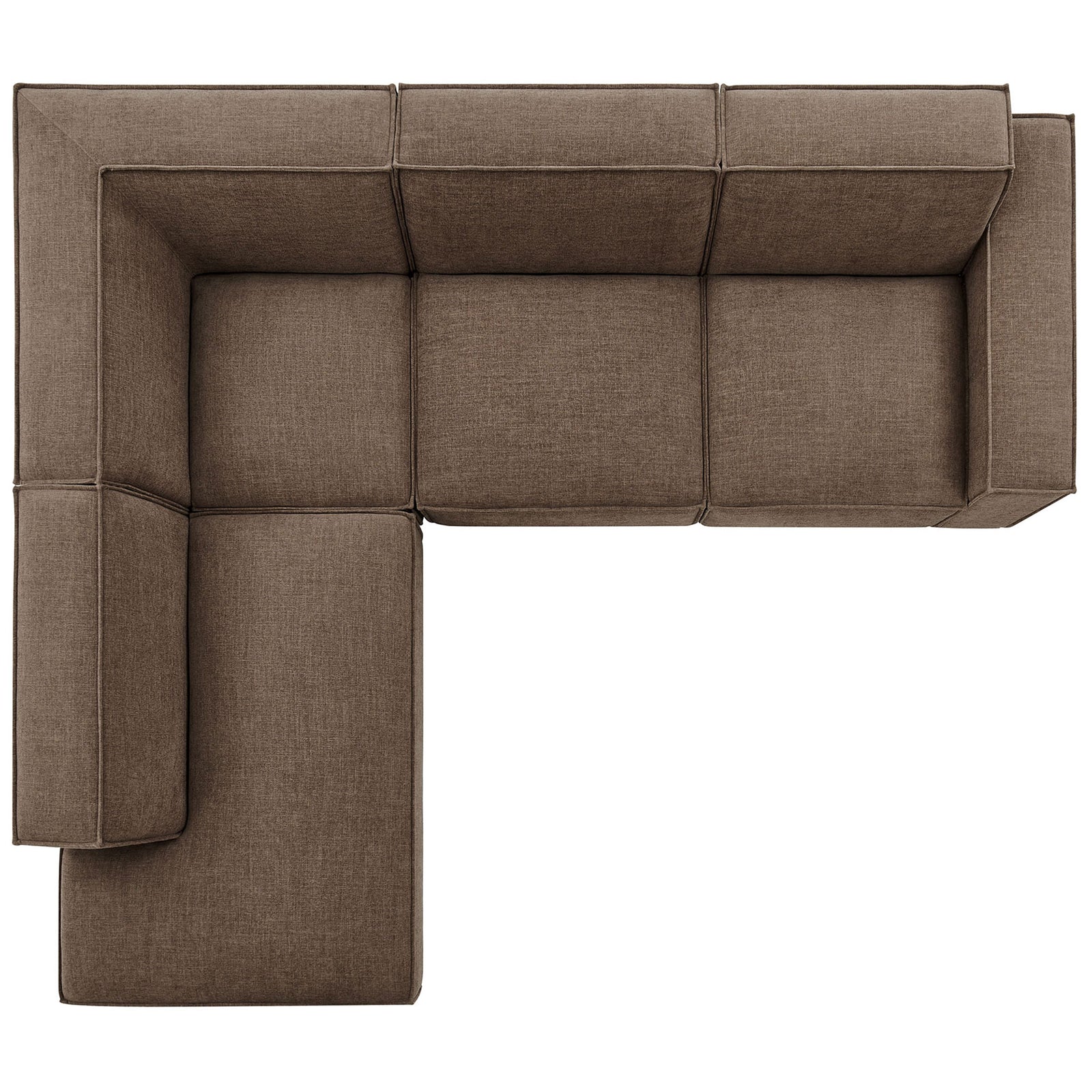 Low-profile mocha sectional showcases generous seat depth and tailored modular cushions || EEI-7431-MOC || top_studio